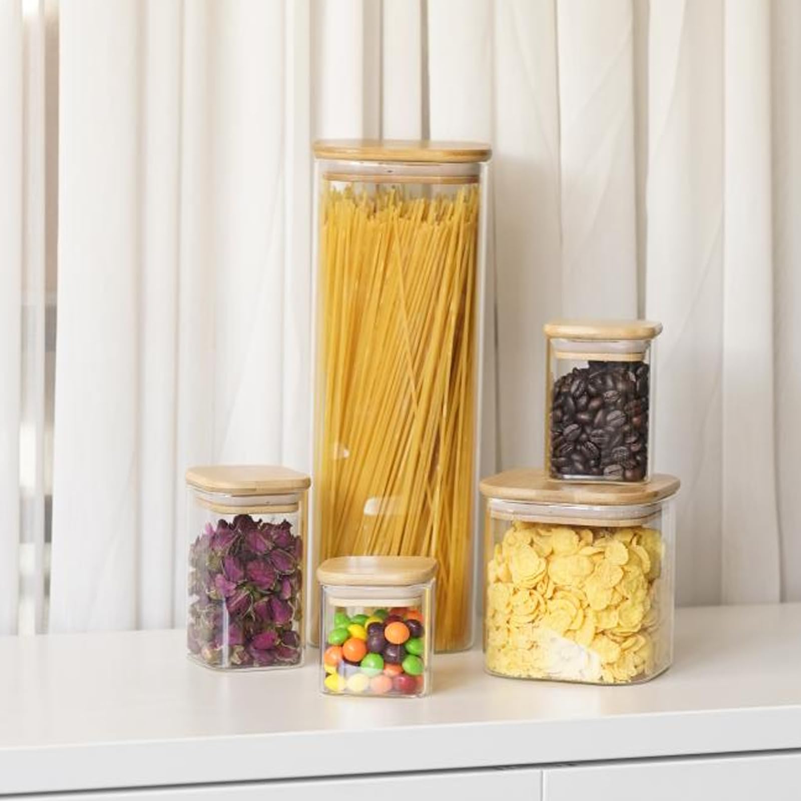 SHOWIN 73oz Glass Pasta Storage Jars, Tall Glass Jars with Bamboo Lids, Spaghetti Container, Set of 3, Kitchen Storage Containers for Pasta, Pantry Organizers