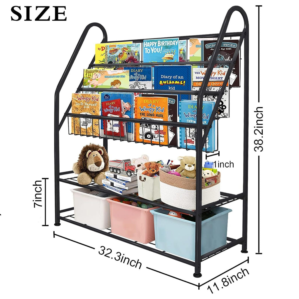 aboxoo Metal Kids Bookshelf Black Large Freestanding for Children Room 32 in Toy Organizer Large Stable Bookcase Bookstore Library Book Unit Storage Kids Bed Living Room