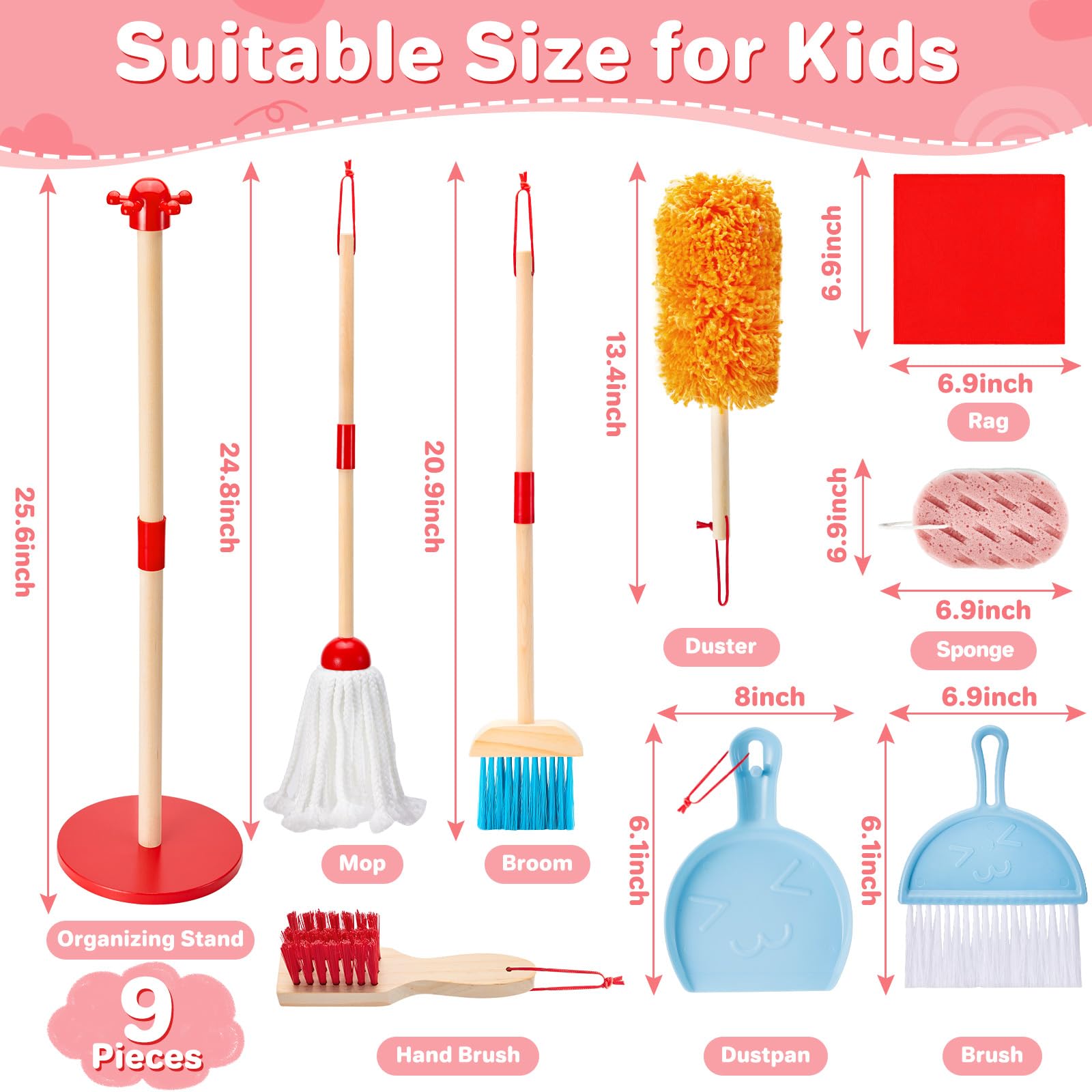 WHOHOLL Wooden Kids Cleaning Toy Set Toddler Broom and Dustpan Set for Housekeeping 9 Pcs Broom and Mop Set for Toddlers 3-6, Cleaning Toys with Sponge, Christmas Birthday Gifts for Boys Girls