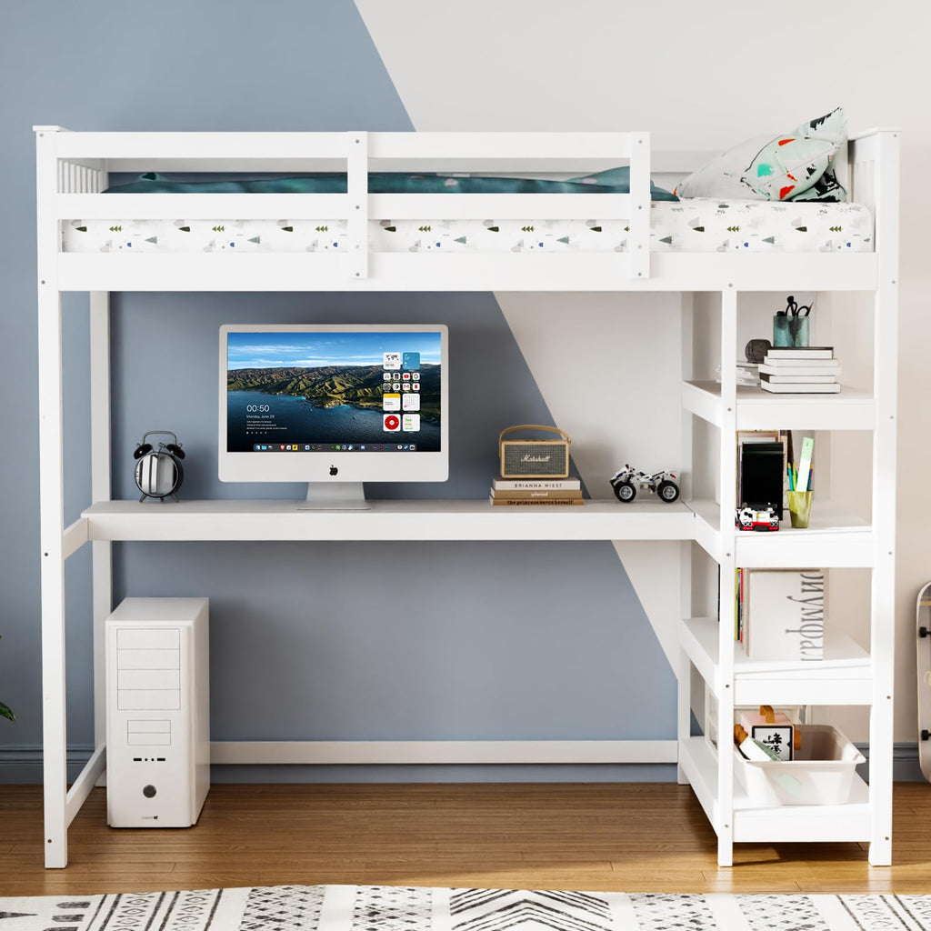 JOYMOR Low Loft Bed Twin Size with LED Lights, 4 Storage Shelves, Removable Curtain, Kids Wood Loft Bed with 15" H Safety Guardrail, Spave Saving, Mattress Not Included (Gray)