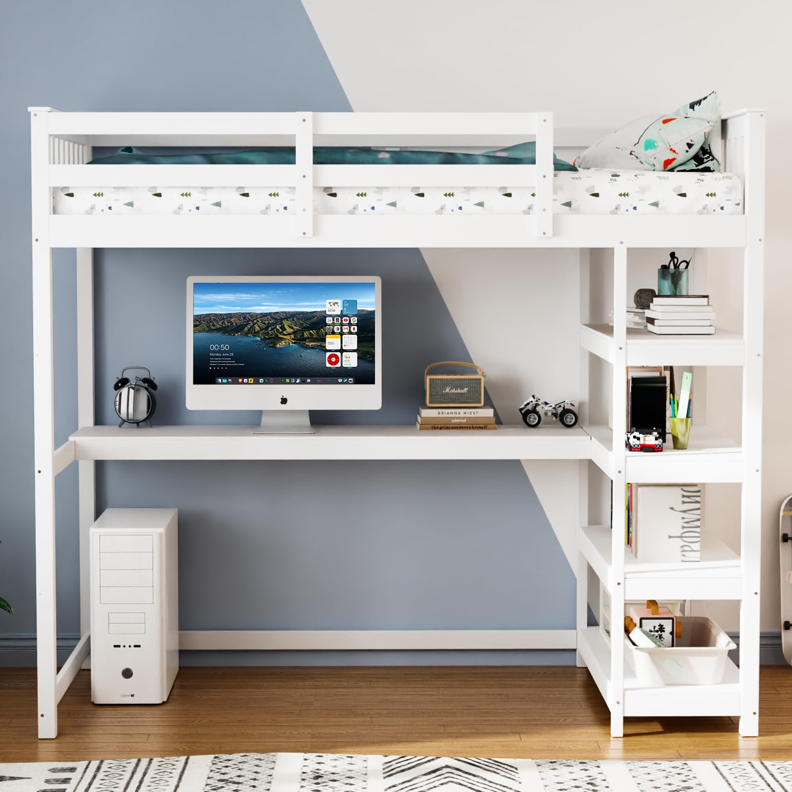JOYMOR Low Loft Bed Twin Size with LED Lights, 4 Storage Shelves, Removable Curtain, Kids Wood Loft Bed with 15" H Safety Guardrail, Spave Saving, Mattress Not Included (Gray)