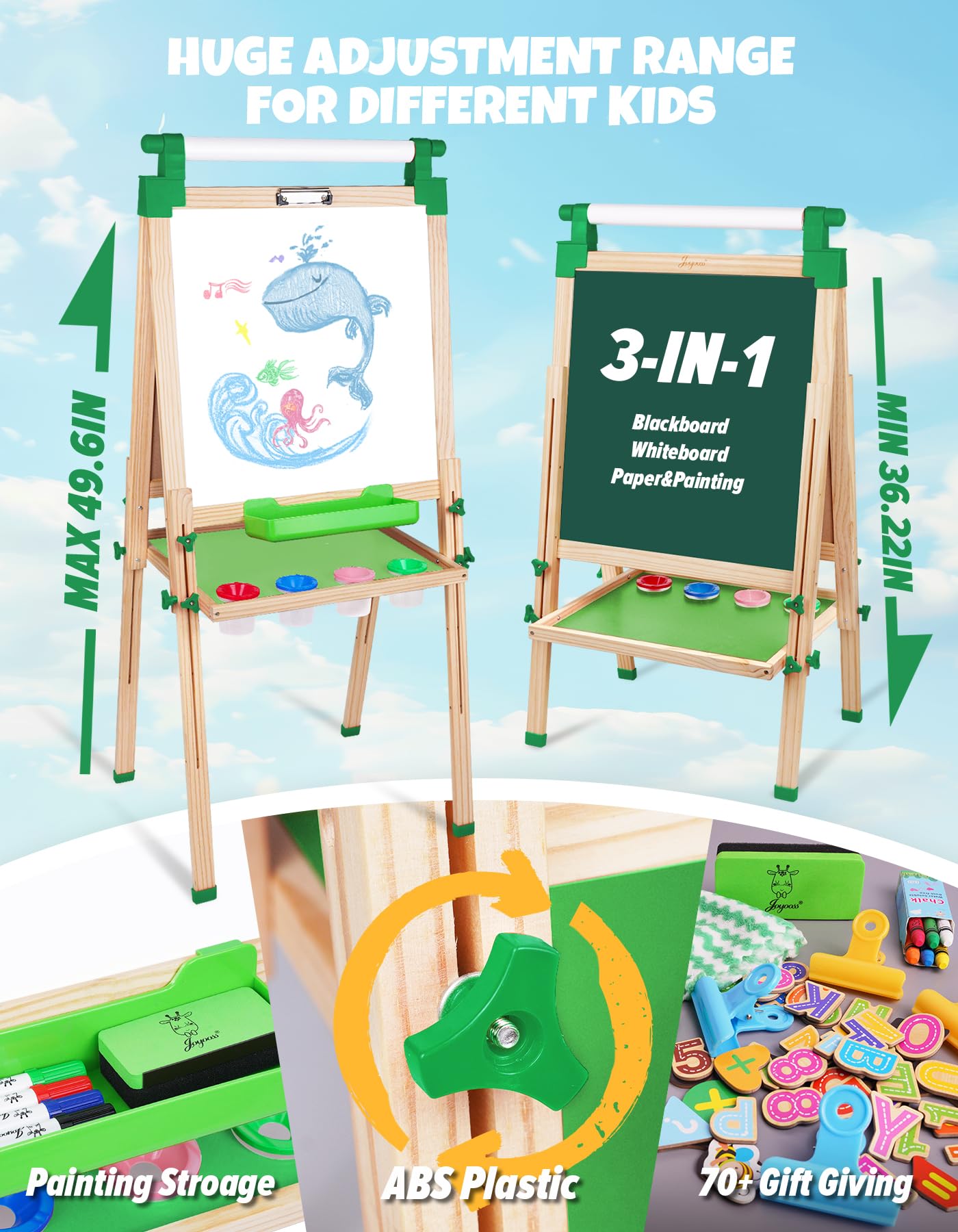 JOYOOSS Easel for Kids Art Easel Kids Easels for Toddlers,Wooden Kid Easel with Paper Roll - Adjustable Magnetic Double Sided Kids Dry Erase Board,Birthday Gifts for 1-12 Year Old Girls or Boys Blue