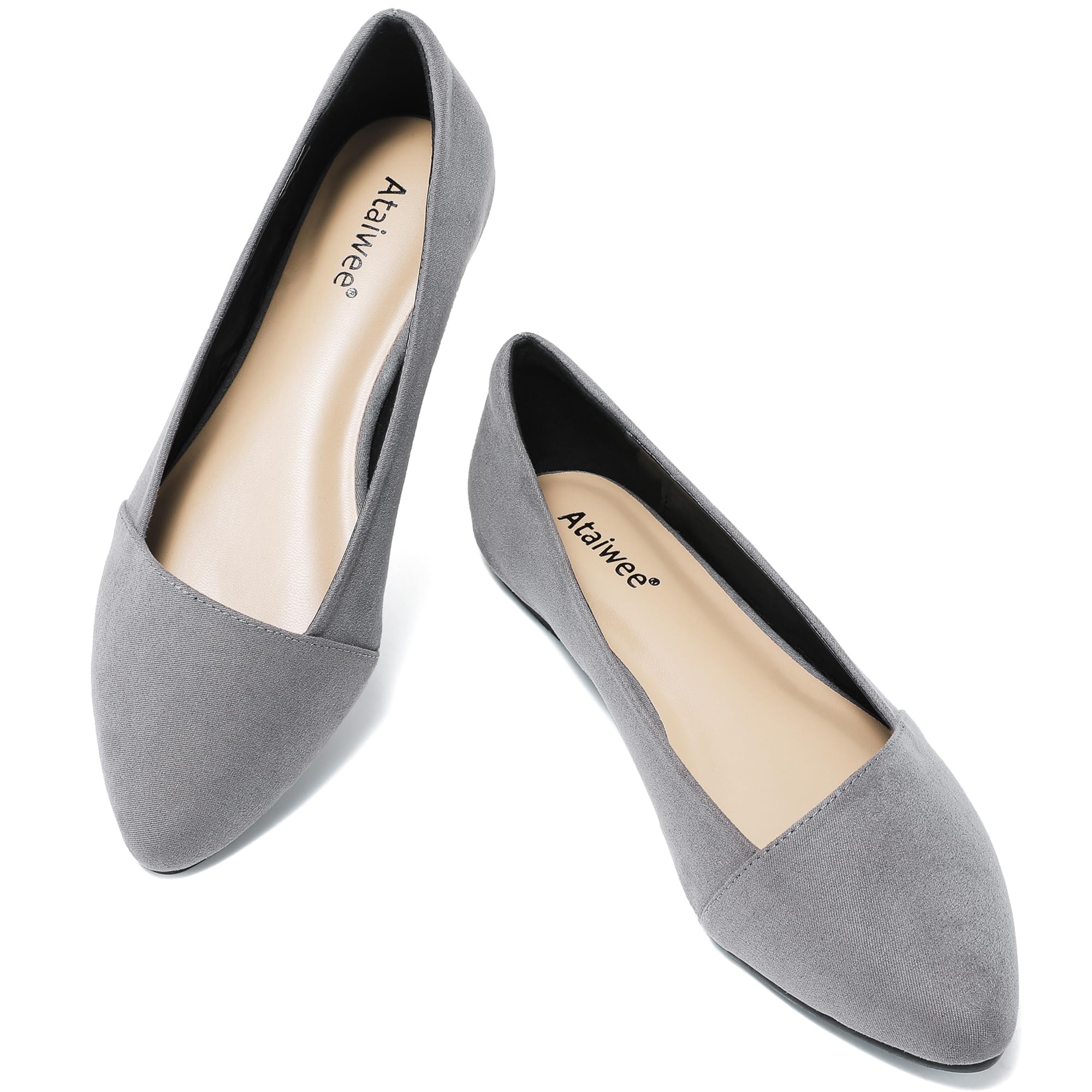 Ataiwee Women's Wide Width Ballet Flats - Stylish Pointed Toe Suede, Soft Comfortable Non-slip Sole.