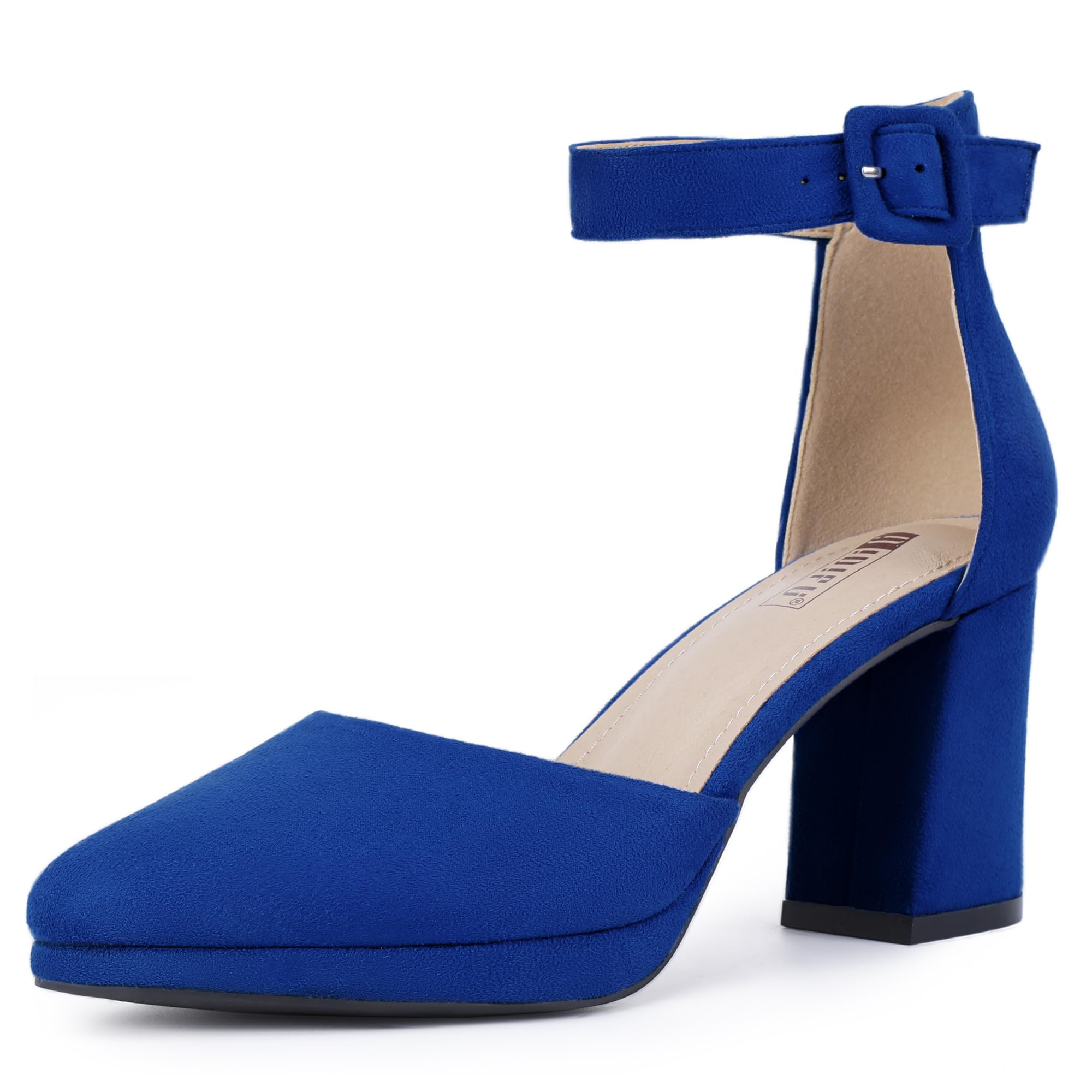 IDIFU IN3 Womens Closed Toe Heels Chunky Block Platform Pumps Pointed Toe Ankle Strap Dress Shoes for Women Comfortable Wedding Short Low Pumps Shoes