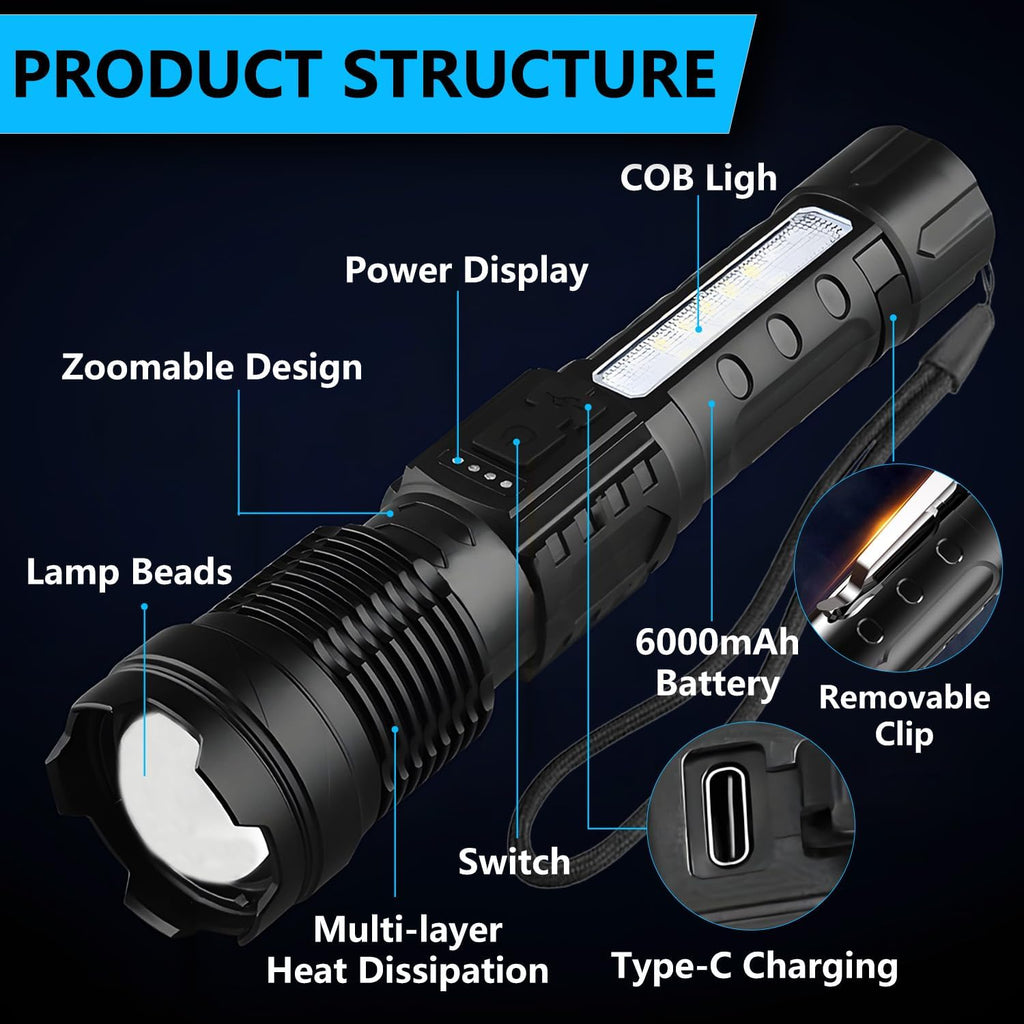 Rechargeable LED Flashlights, 90,000 Lumens Super Bright Flash Light, 7 Modes with COB Work Light, IPX6 Waterproof, Adjustable Tactical Powerful Handheld Flash light for Home,Camping and Emergencies
