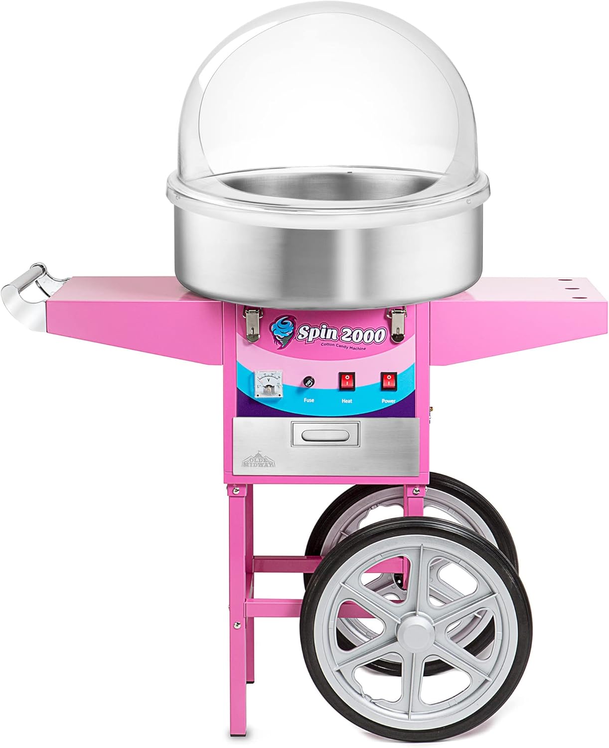 Olde Midway Cotton Candy Machine Cart with Bubble Shield, SPIN-2000 Electric Candy Floss Maker, Commercial-Grade