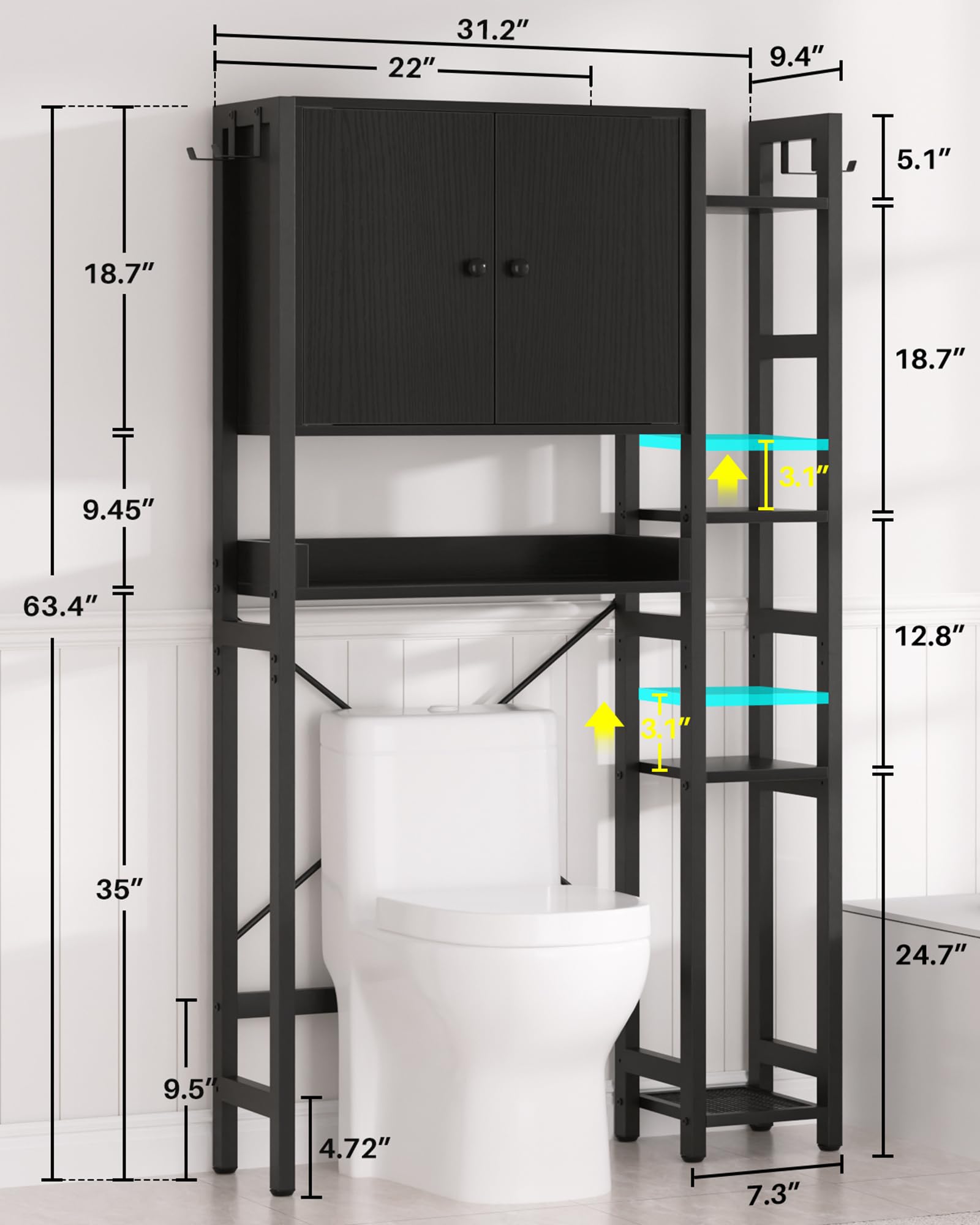 Over The Toilet Storage Cabinet with Doors - 7 Tier Bathroom Organizer with Adjustable Shelf, Freestanding Space Saver Rack Above Toilet Stand with 4 Hooks for Bathroom, Restroom, Laundry, Black