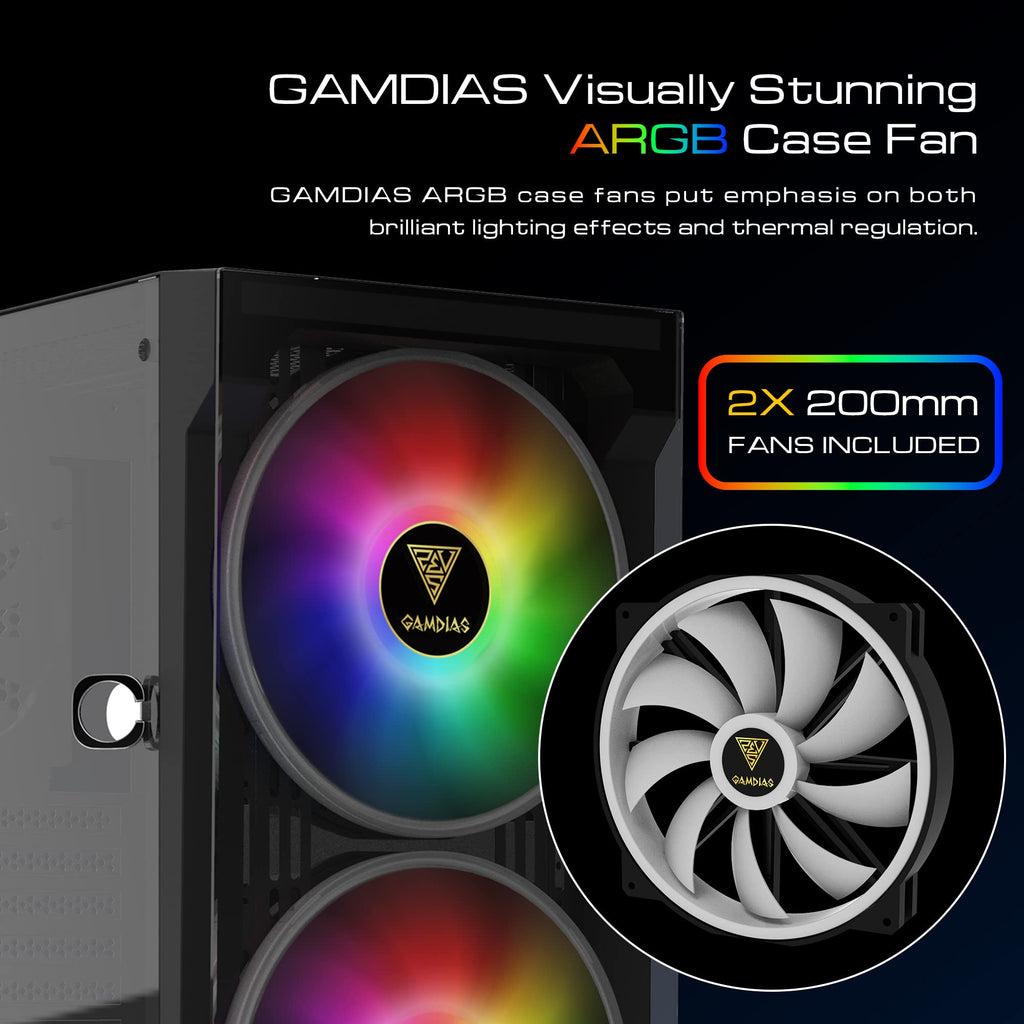 GAMDIAS ATX Mid Tower Gaming Computer PC Case Tempered Glass, Built-in 4X 120mm ARGB Case Fans, Front Airflow Mesh, Up to 6x120mm Fans, 340mm GPU/VGA, 360mm AIO/Radiator, 160mm CPU Cooler