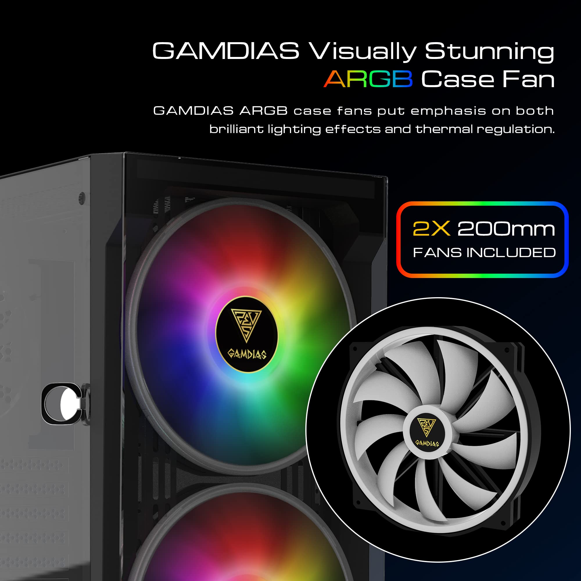 GAMDIAS ATX Mid Tower Gaming Computer PC Case Tempered Glass, Built-in 4X 120mm ARGB Case Fans, Front Airflow Mesh, Up to 6x120mm Fans, 340mm GPU/VGA, 360mm AIO/Radiator, 160mm CPU Cooler
