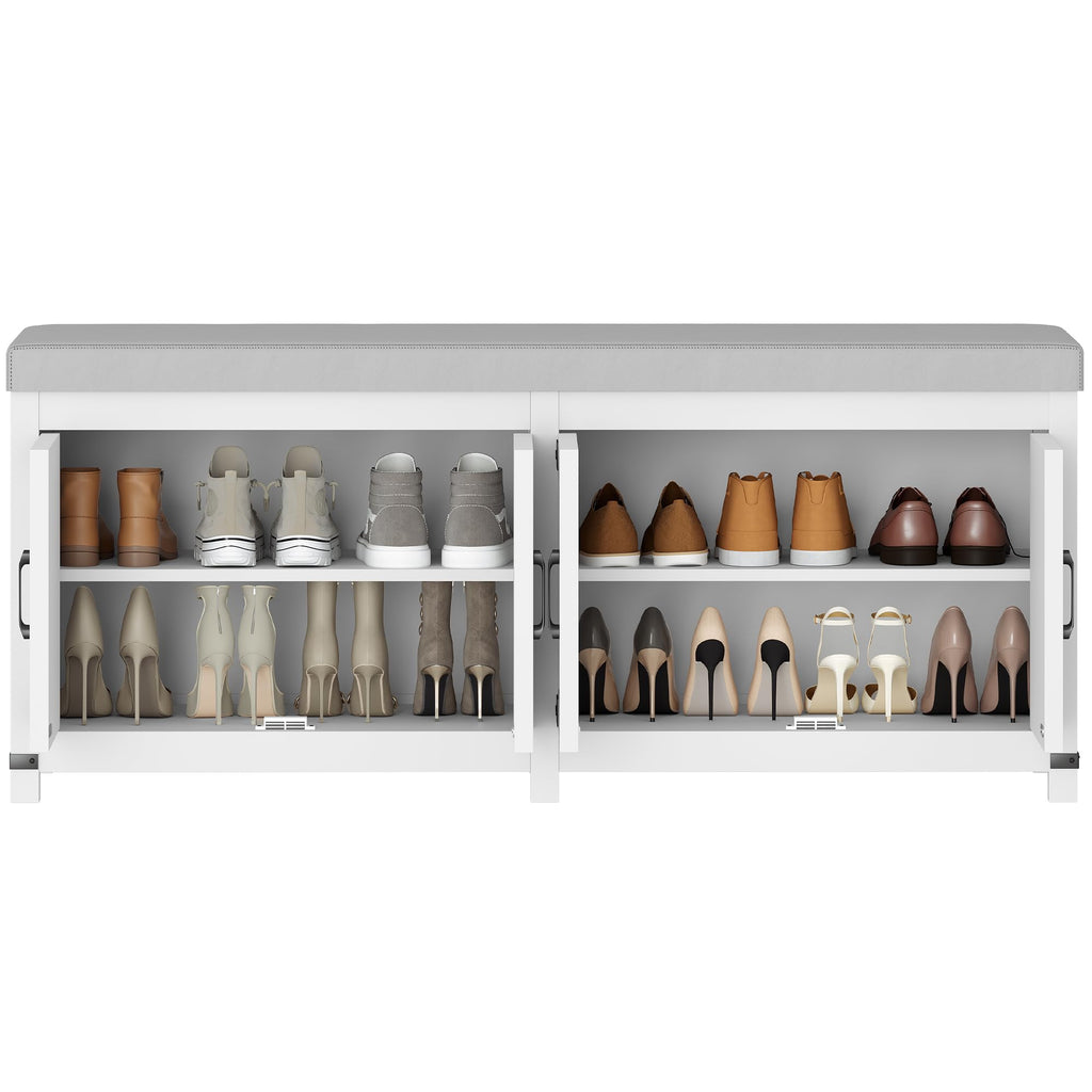 Hzuaneri Shoe Storage Bench, 2 Tier Shoe Bench with Padded Seat Cushion & 2 Barn Doors, Entryway Bench with Adjustable Shelf, Farmhouse Shoe Cabinet for Living Room, Bedroom, Antique White SB26214KA