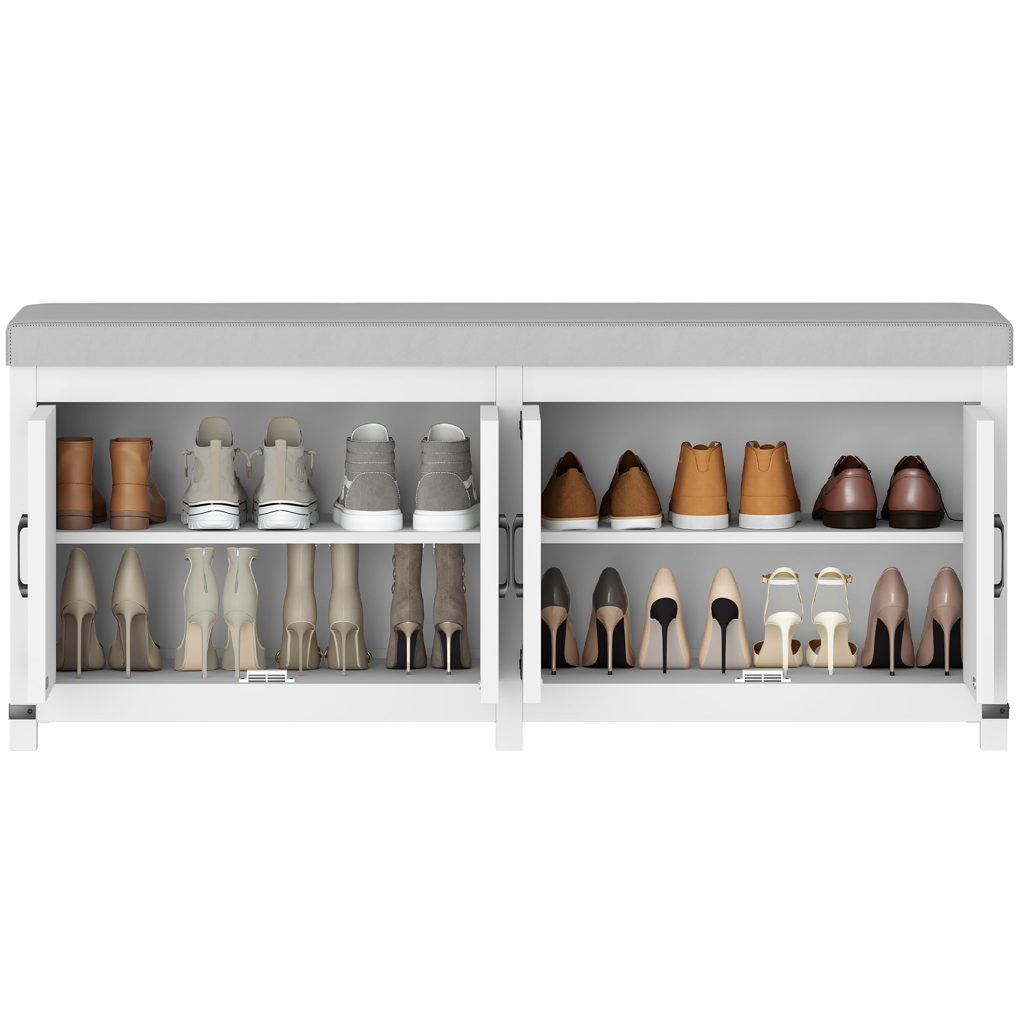 Hzuaneri Shoe Storage Bench, 2 Tier Shoe Bench with Padded Seat Cushion & 2 Barn Doors, Entryway Bench with Adjustable Shelf, Farmhouse Shoe Cabinet for Living Room, Bedroom, Antique White SB26214KA