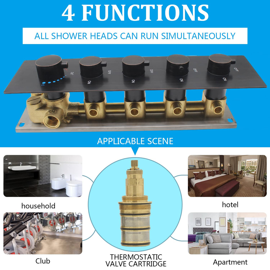 HOMEDEC 2 Way Shower Diverter Valve Brass Dual Functions Thermostatic Shower Mixing Valve Kit 3 Handle Flow Control Valve, 3/4 Inch Inlet, Can Use All Options At a Time, Matte Black