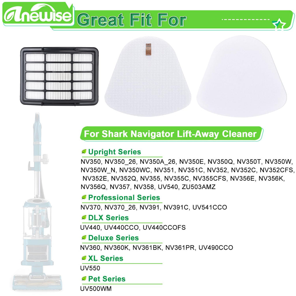 Anewise Filter Replacement for Shark Navigator Lift Away Deluxe Professional Vacuum ZU503AMZ NV350 NV351 NV352 NV355 NV357 NV360 NV370 UV440 UV540, Parts XFF350 & XHF350, 1 HEPA + 2 Pre-Felt Filters
