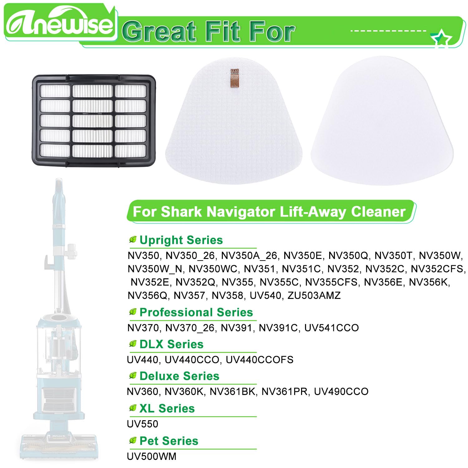 Anewise Filter Replacement for Shark Navigator Lift Away Deluxe Professional Vacuum ZU503AMZ NV350 NV351 NV352 NV355 NV357 NV360 NV370 UV440 UV540, Parts XFF350 & XHF350, 1 HEPA + 2 Pre-Felt Filters