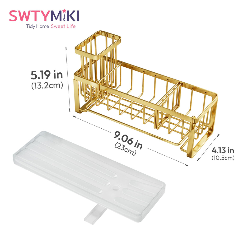 SWTYMIKI Sponge Holder for Kitchen Sink - Sink Caddy with Brush Holder Self-draining Sponge Caddy Organizer with Divider Stainless Steel Kitchen Accessories Storage for Countertop, Black