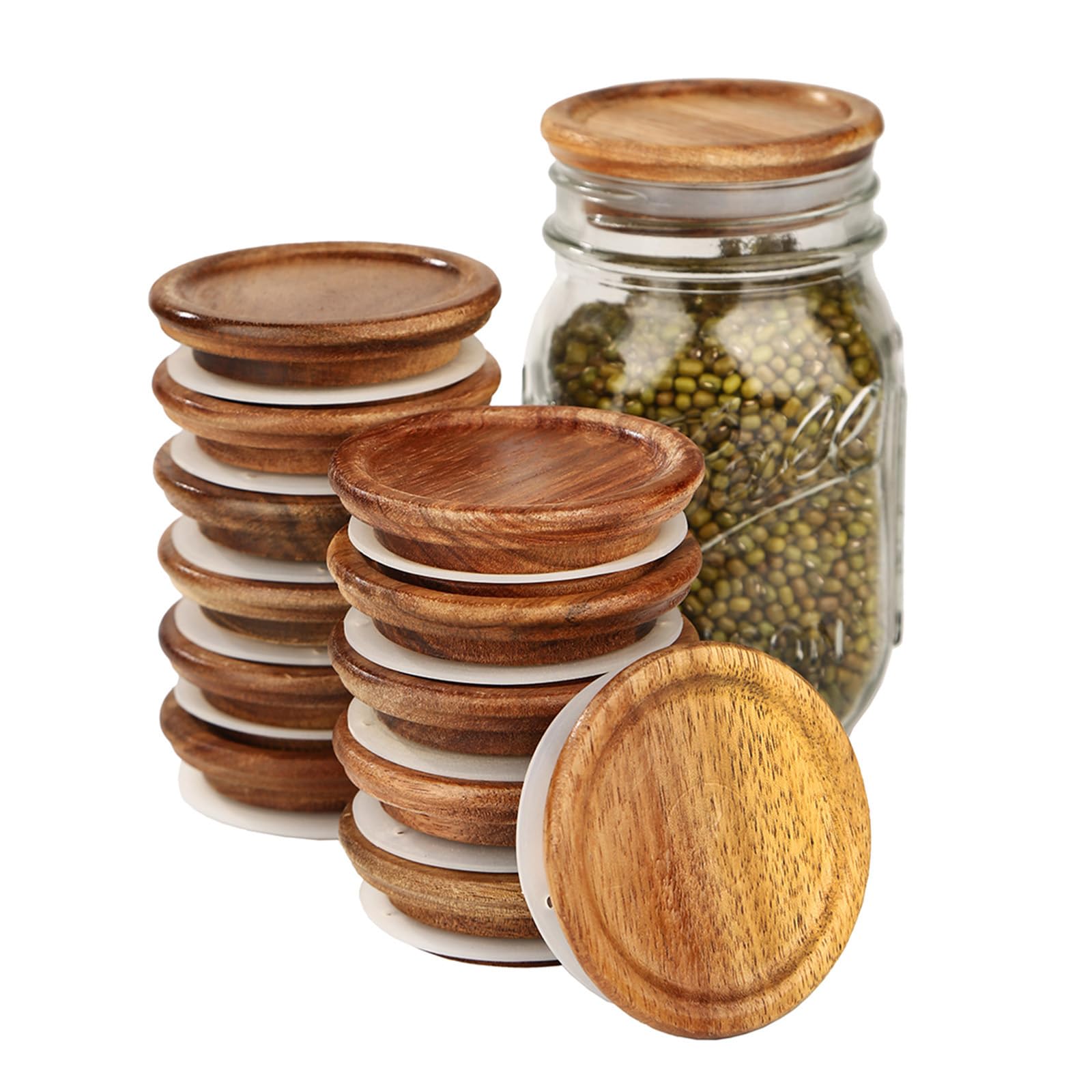 6 Pack Wide Mouth Mason Jar Lids Reusable canning lids Acacia Wooden mason jar Lids with Airtight Silicone Seal, Brown (6PCS Wide Lids)