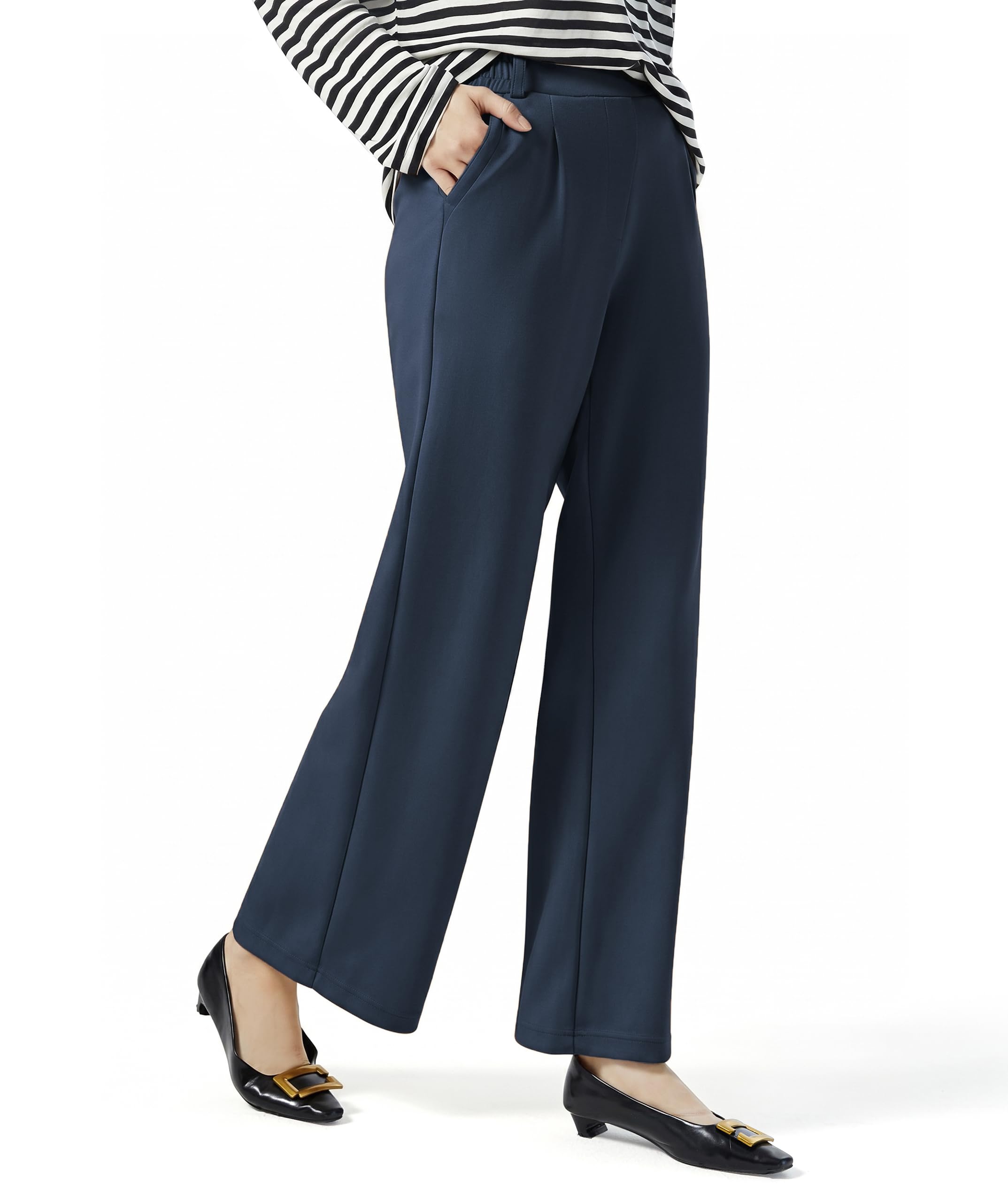 AFITNE Womens Wide Leg Work Pants High Waist Pull On Dress Pants Elastic Waistband Casual Slacks with Thick Fabric
