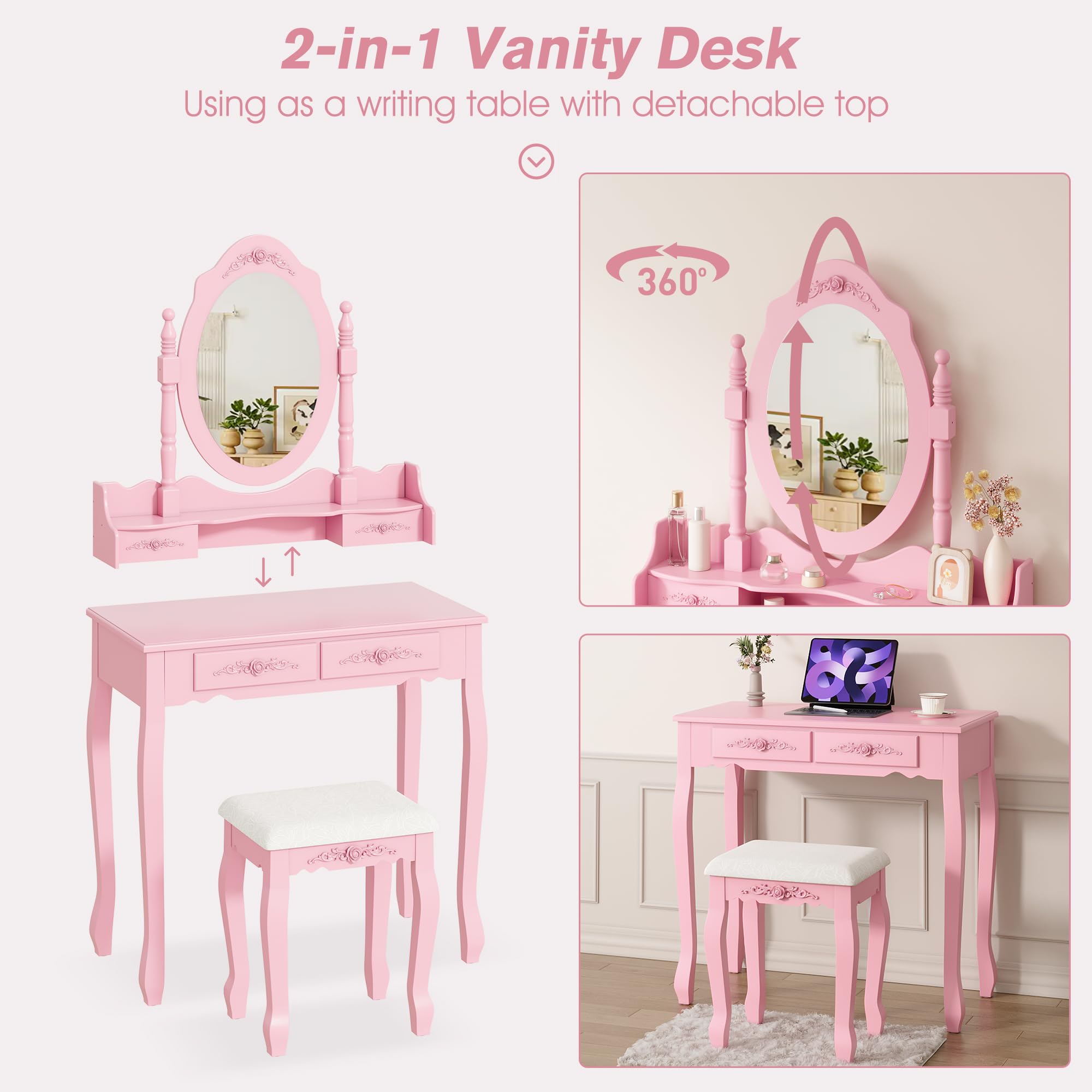 Alohappy Vanity Desk Set with Mirror & Stool for Girls, Makeup Vanity Table and Cushioned Stool Set with 4 Drawers, Wood Dressing Table for Bedroom (Pink)