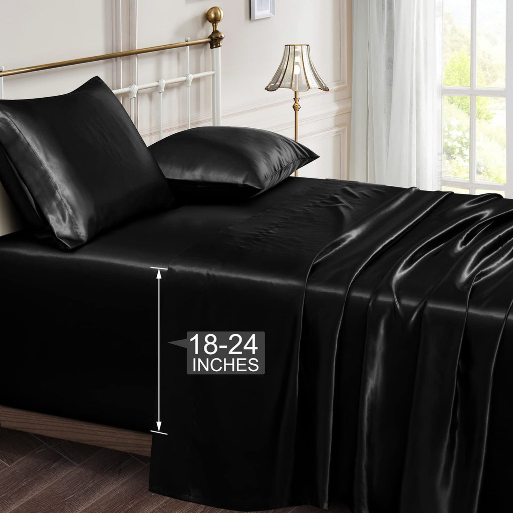 Vonty Extra Deep Pocket Full Sheet Sets - Cooling & Silky Satin Full Size Sheets with 18-24 Inch Deep Pocket, Black Satin Bed Sheets Fit Up to 24" Deep Mattress - 4 Piece Set