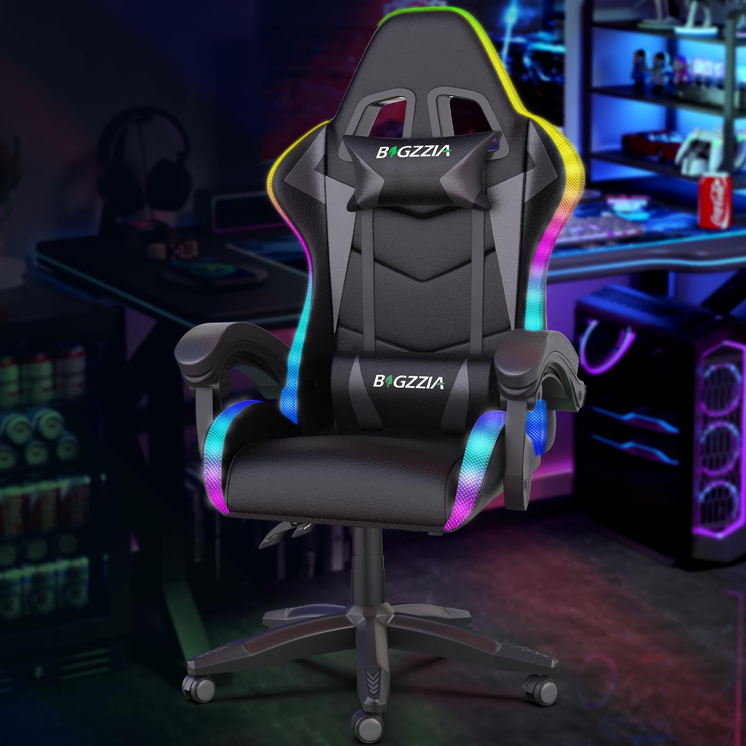 Bigzzia Gaming Chair with RGB LED Lights for Kids & Adults, High Back Ergonomic Computer Gamer Chair with Headrest and Lumbar Support, Racing Style Reclining Game Chair(Black)