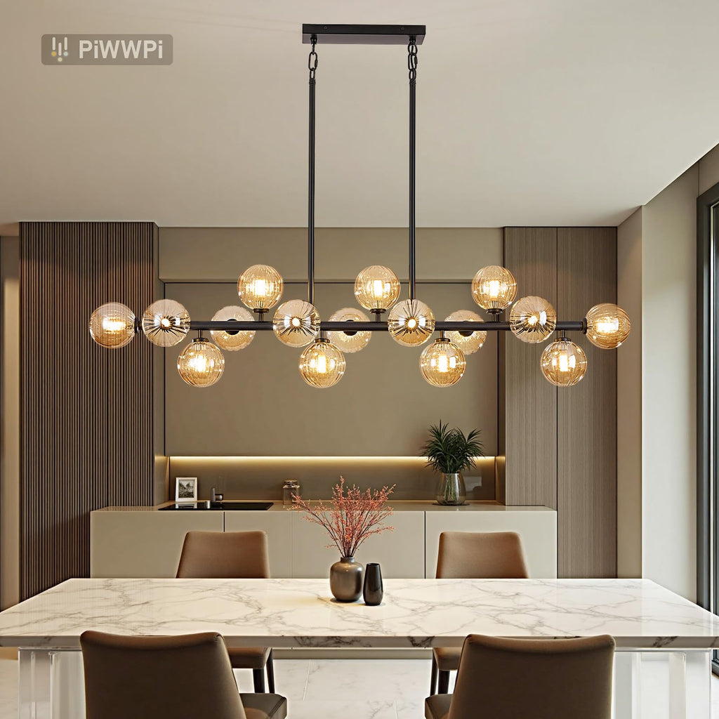 Modern Linear Chandeliers for Dining Room, 8-Light Globe Sputnik Pendant Ceiling Light, Black Dining Room Light Fixture Over Table, Mid Century Glass Milk White Bubble, 31.5 Inch, GC-09