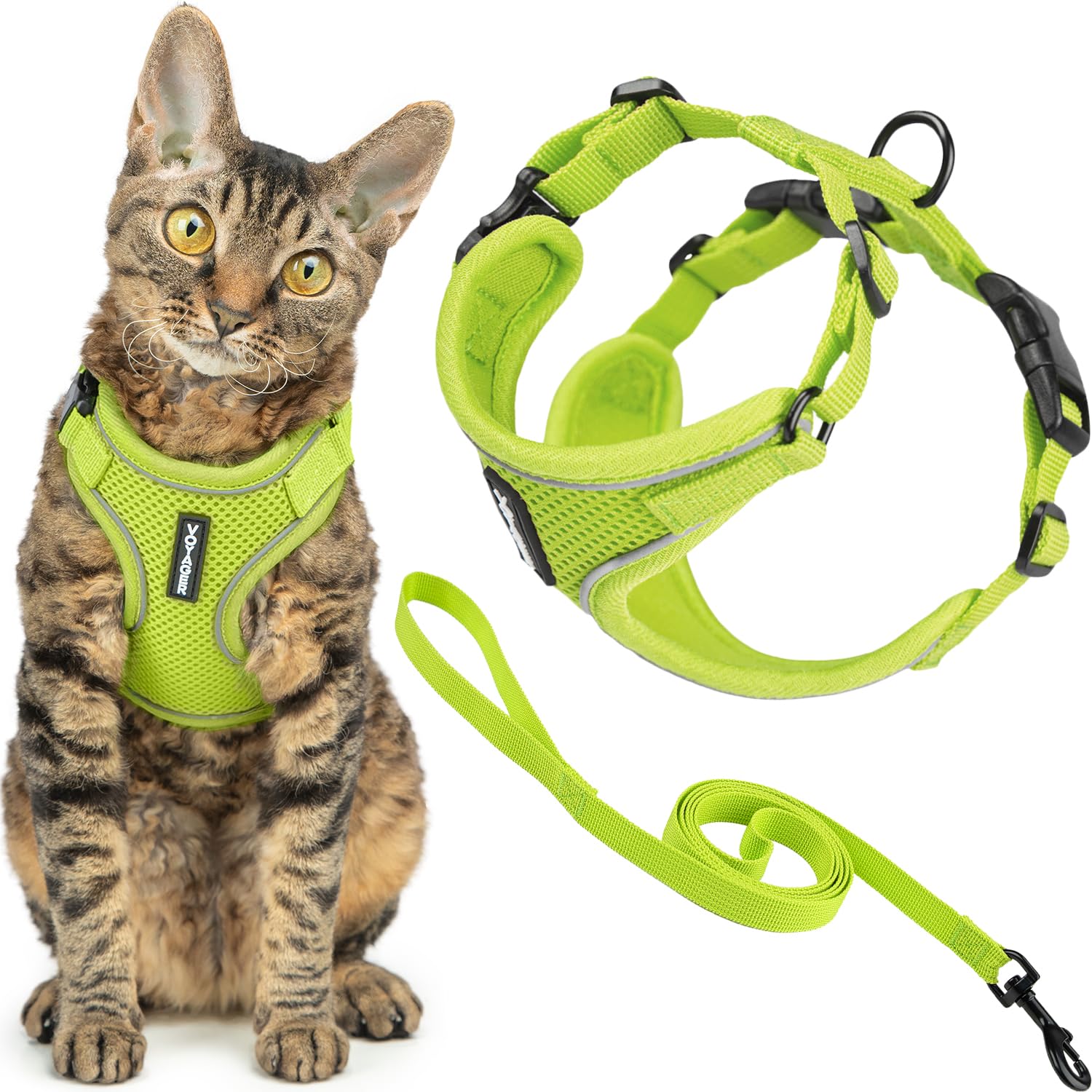 Voyager Escape-Proof Step-in Lock Cat Harness & 5ft Neoprene-Handle Leash Set All-Weather Mesh with Reflective Stitching for Small to Large Cats by Best Pet Supplies, Army (327), XXXS
