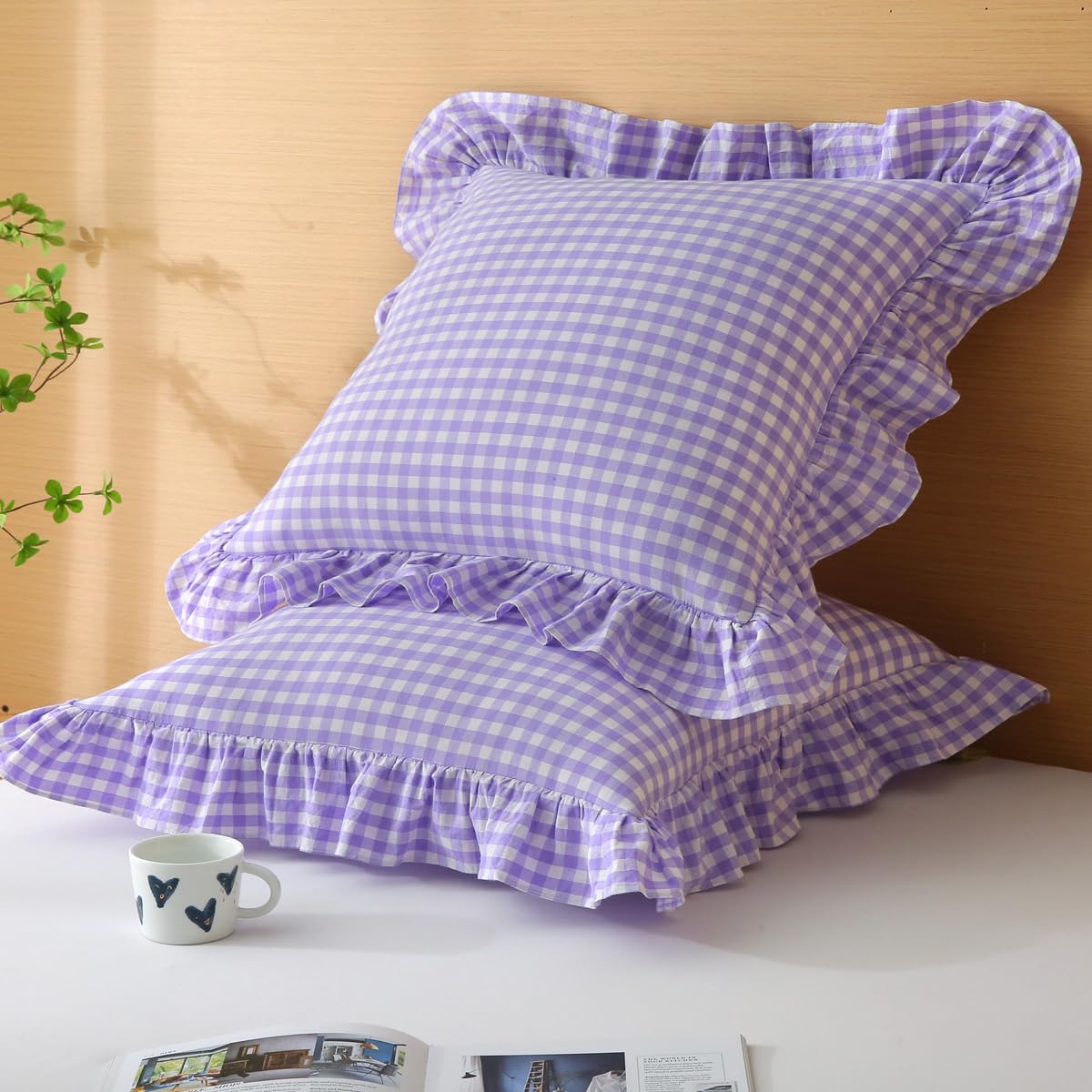 Silnuo Green/White Plaid Ruffled Queen Size Pillow Shams Set of 2,Washed Cotton Shabby Checkered Gingham Farmhouse Bed Pillow Covers 20"x30"