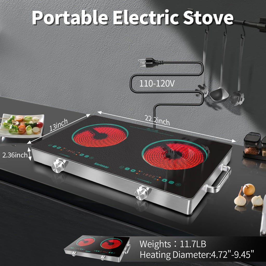 Karinear Portable Electric Stove 110V, 1800W Electric Hot Plate with Handle, Knob Control Single Burner Electri Cooktop, Ceramic Infrared Countertop Burner, Timer, Safety Lock(Green)