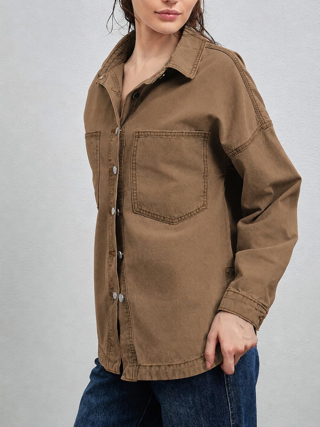 LifeShe Women Denim Shirt Jean Jacket Oversize Button Down Shirt Long Sleeve Jean Tops Trendy Shackets