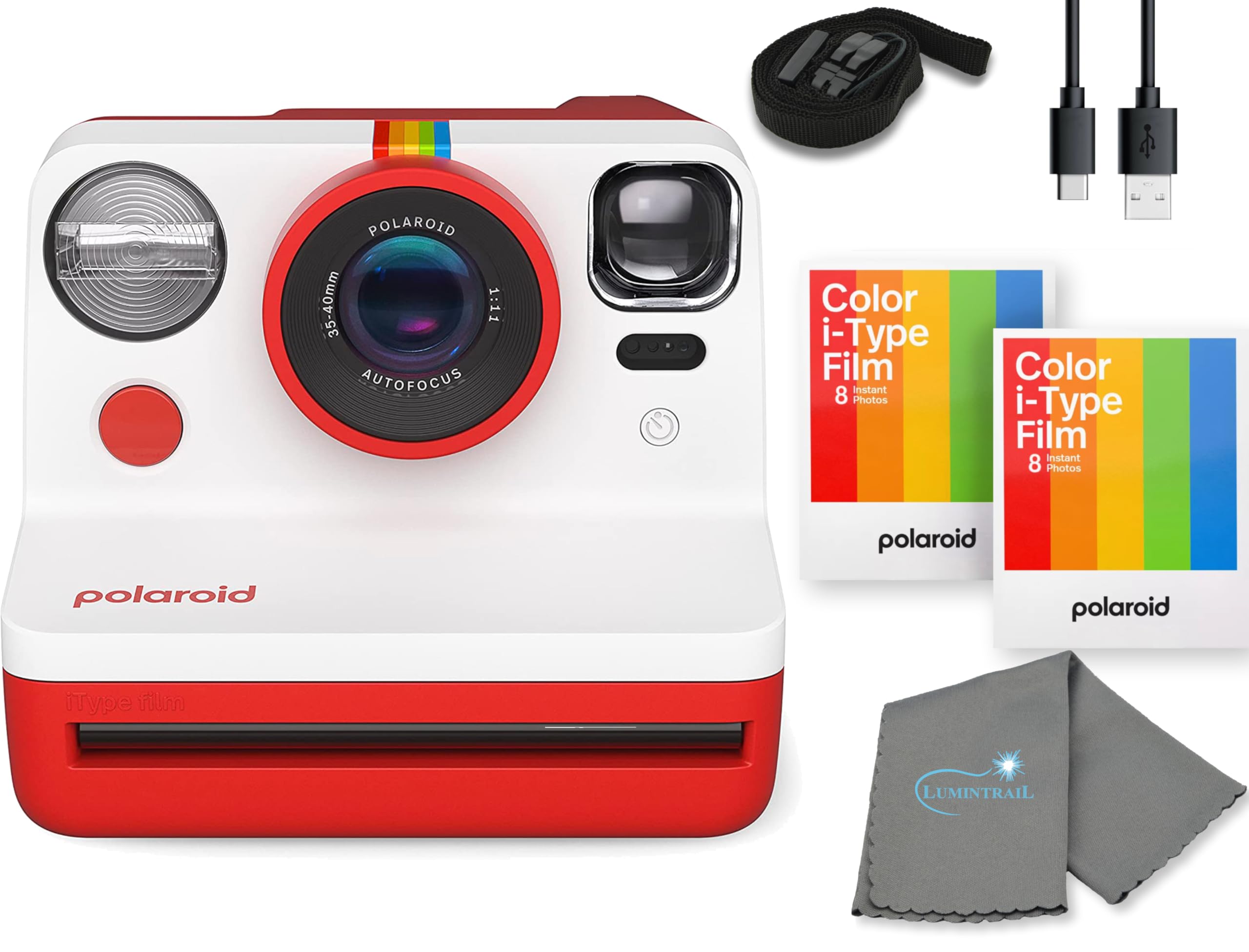 Polaroid Gen 2 Now I-Type Instant Film Camera - Black & White Bundle with a Color i-Type Film Pack (8 Instant Photos) and a Cleaning Cloth