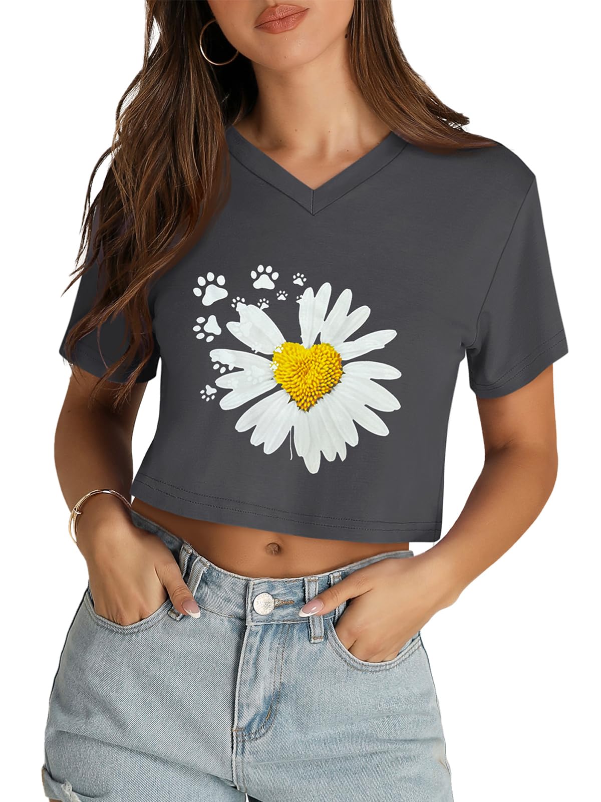 Womens Crop Tops Summer Baisc Tees V Neck T Shirts Casual Short Sleeve Cropped Top 2026