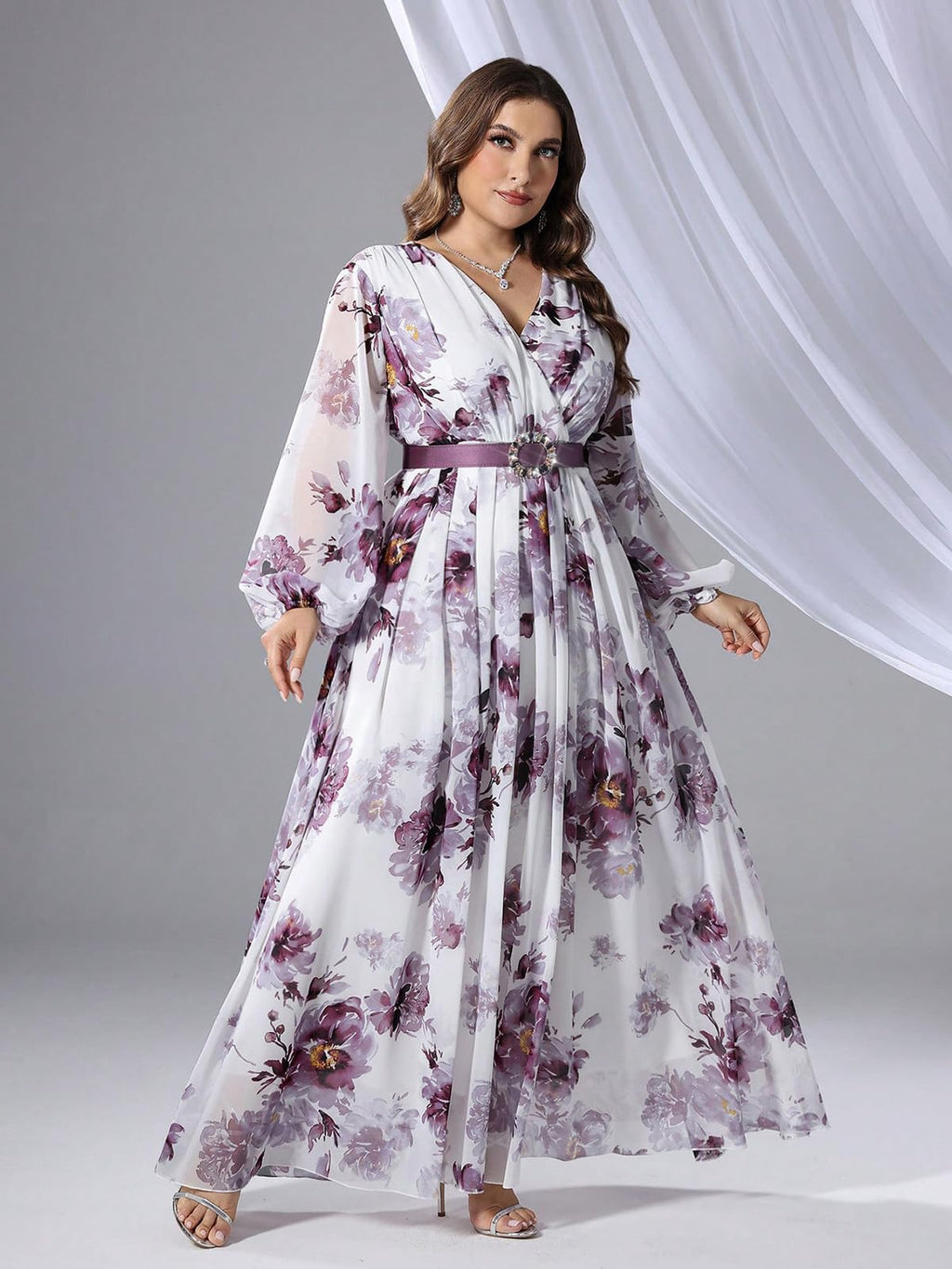 Spring Summer 2024 Plus Size Womens Dresses V Neck Casual Elegant Long Sleeve Floral Print Maxi Dress