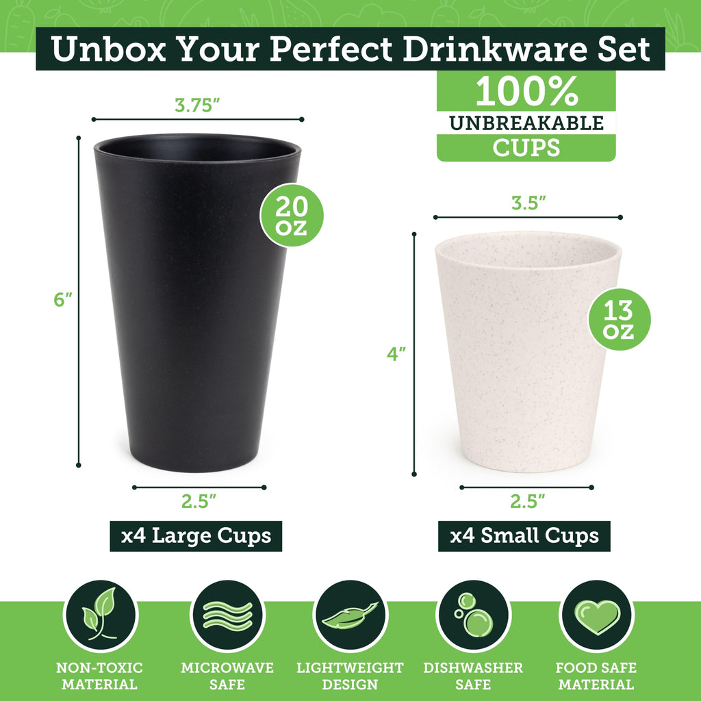 Grow Forward Premium Wheat Straw Cups - 13 & 20 oz Unbreakable BPA Free Hard Plastic Cups - Reusable Lightweight Plastic Drinking Glasses for Kitchen, Outdoor, Water, Camping, RV - Midnight