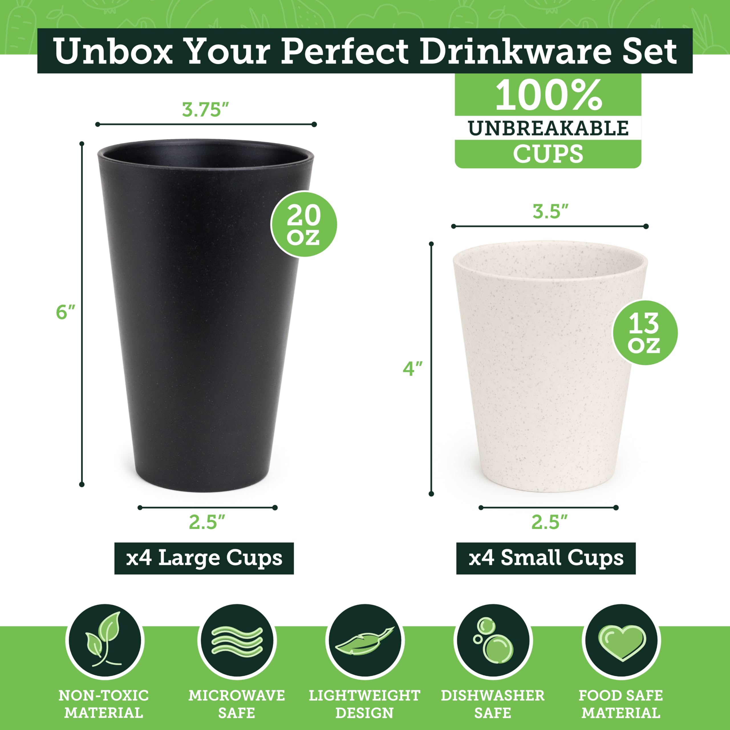 Grow Forward Premium Wheat Straw Cups - 13 & 20 oz Unbreakable BPA Free Hard Plastic Cups - Reusable Lightweight Plastic Drinking Glasses for Kitchen, Outdoor, Water, Camping, RV - Midnight