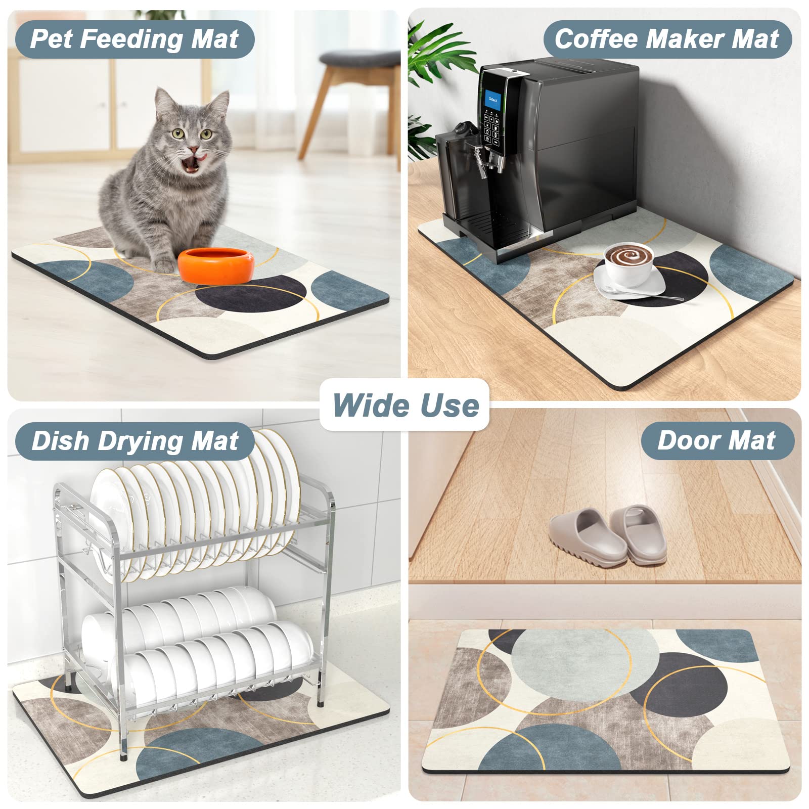 Rnivvi Coffee Mat, 12" x 19" Coffee Bar Mats for Espresso Machine Station Accessories and Organizer, Hide Stain Rubber Backed Absorbent Dish Drying Pad for Kitchen Counter, Cute Bar Decor Pad, Black