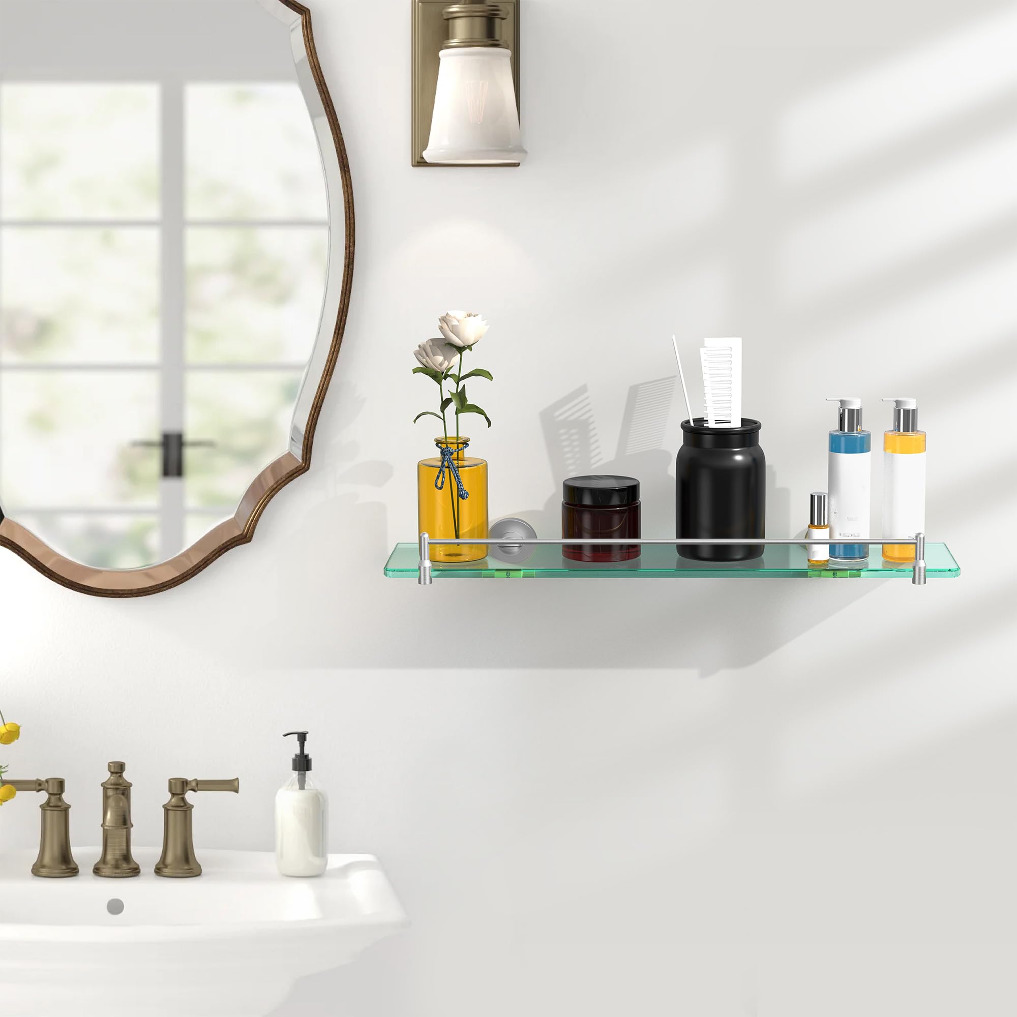 Glass Bathroom Shelves,Brushed Gold Floating Shelves for Wall Rectangular Modern Stainless Steel Glass Shelf for Bathroom Shelves wall Mounted 16 Inch
