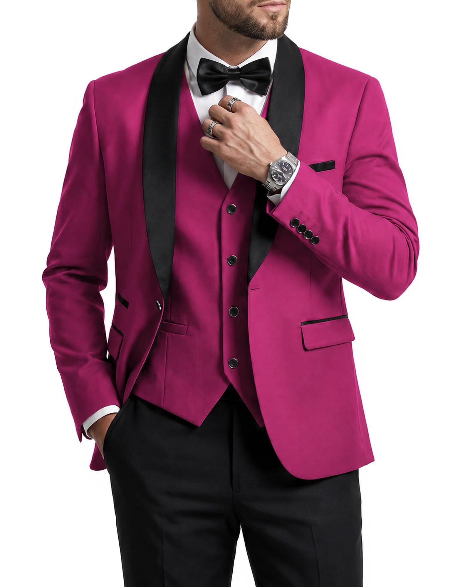 MrSure Men’s 3 Piece Slim Fit Suit, One Button Shawl Lapel Tuxedo, Premium Dinner Jacket Vest Pants & Tie Set