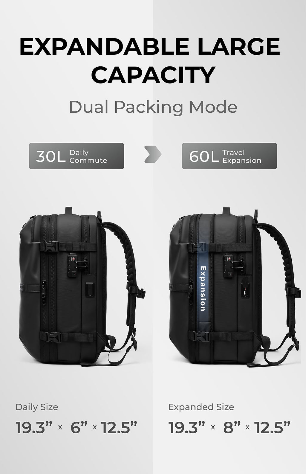 AirVault Vacuum Seal Travel Backpack 60L with Expandable HyperSeal Air Compression Vacuum System Water Resistant TSA Lock (Vacuum Pump Included, Black, 60L)
