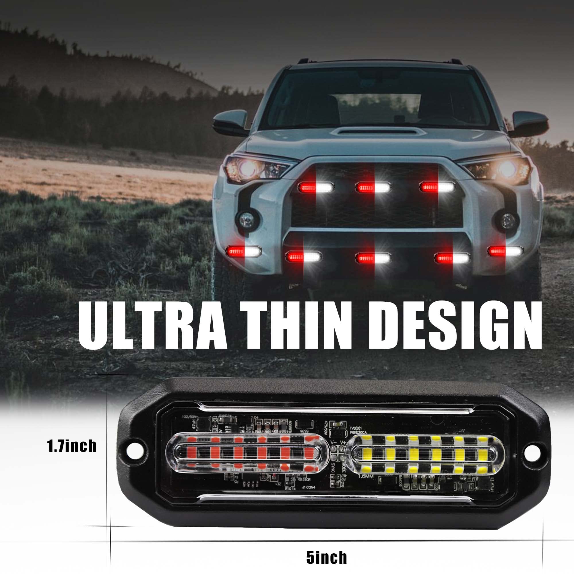WINECO Amber led strobe lights for trucks 8pcs 12-LED Surface Mount Flashing Strobe Lights kit for Trucks Car Vehicles LED Mini Grille Grill Strobe Light Head Emergency Hazard Warning lights