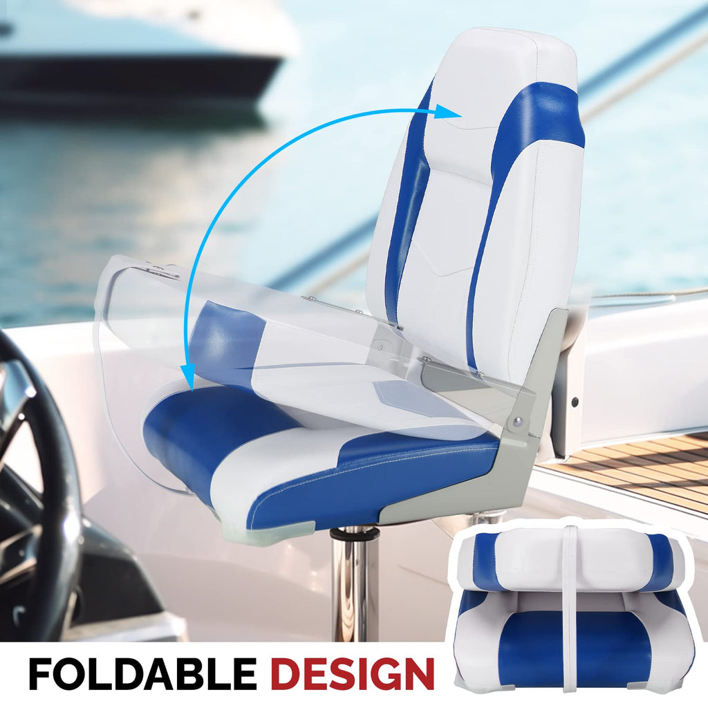PEXMOR Boat Seats, Low/High Back, Folding, Waterproof, Captain Seat, 2 Packs (High Back-Blue & White)