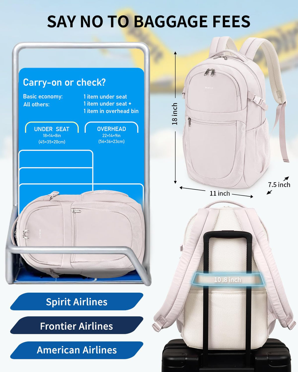 ECOHUB Travel Backpack for Women, 17.3 inch Suspended Laptop Backpack, Fashion Slim Water-Resistant College Computer Bookbag, 28L Personal Item Bag with 12 Pockets for Causal, Work, Beige