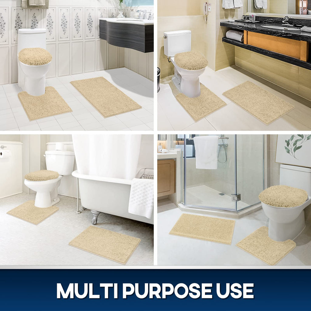 TREETONE Chenille Bath Mat 3 Pieces Bathroom Rugs Set, 20x20 Inches U-Shape Contoured Toilet Mat & 20x32 Inches Rug & Lid Cover,Water Absorbent Plush Rugs for Tub Shower & Bath Room -Beige