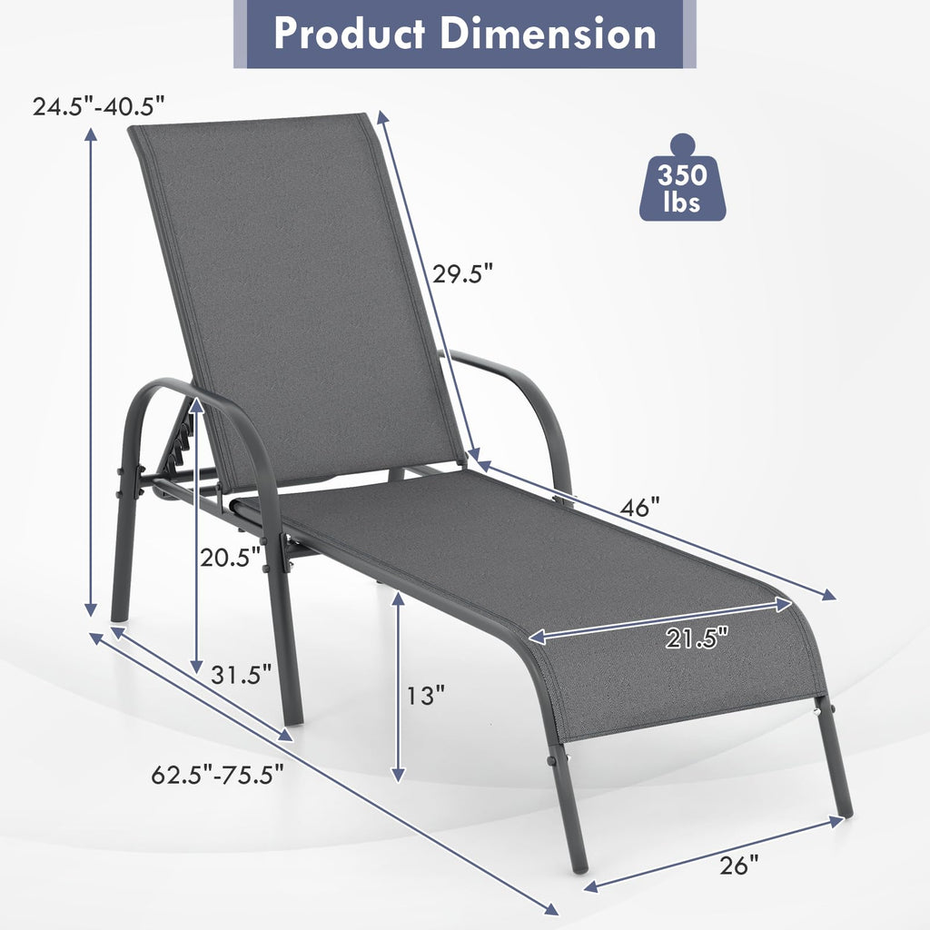 Giantex Patio Lounge Chair, Outdoor Chaise Lounge with 5 Adjustable Backrest, Sturdy Steel Frame, Sunbathing Recliner, Beach Chair, Tanning Chair for Outside, Yard, Balcony, Pool Chairs, Black