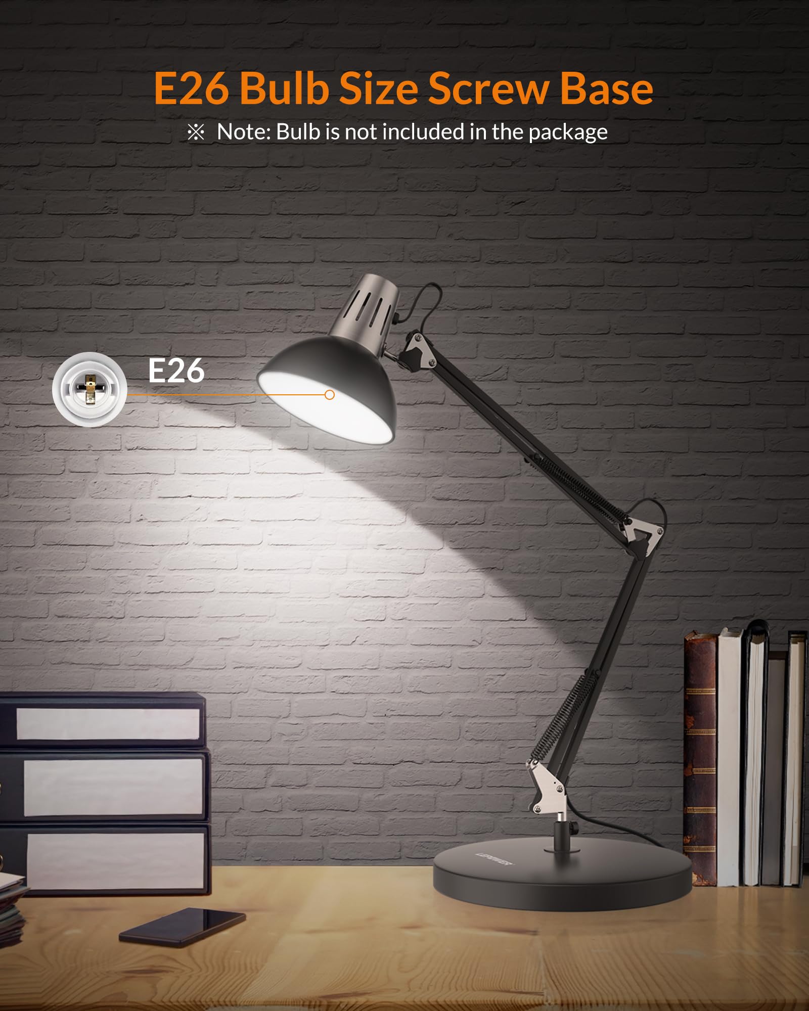 LEPOWER Metal Desk Lamp, Adjustable Goose Neck Architect Table Lamp with On/Off Switch, Swing Arm Desk Lamp with Clamp, Eye-Caring Reading Lamp for Bedroom, Study Room &Office (Sandy Black)