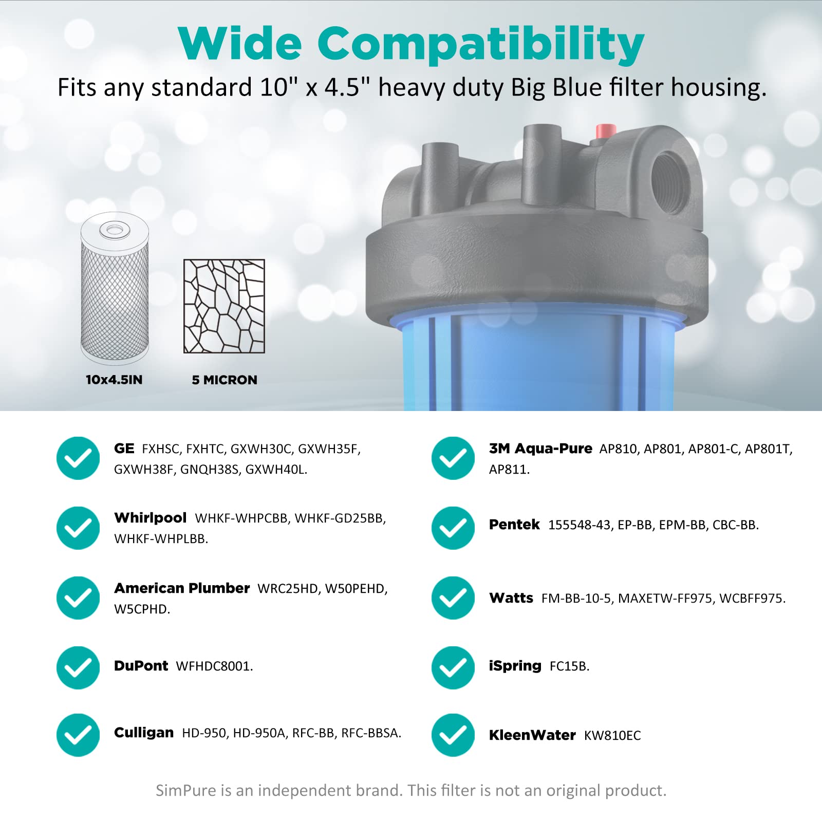 SimPure Whole House Water Filter Cartridges 5 Micron 10" x 4.5" CTO Activated Carbon Block, For DB10P, DB10C-2, GE GXWH40L, GXWH35F, BB10, FXHTC, FC15B, 2 Pack
