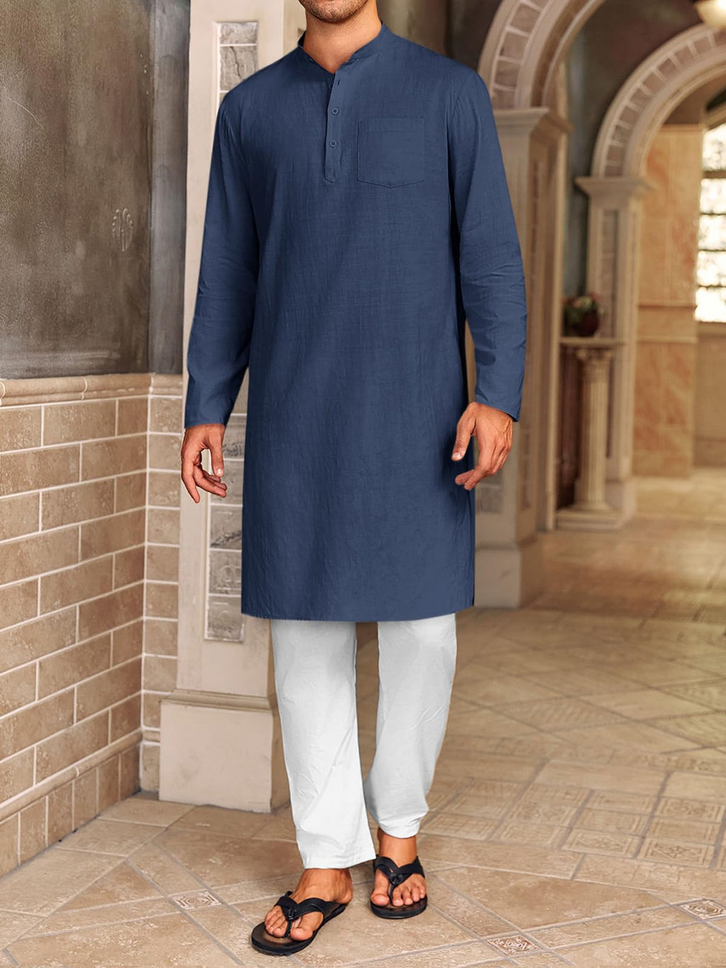 Gafeng Mens Kaftan Robe Button Down Long Sleeve Henley Cotton Thobe Casual Side Split Gown Shirt