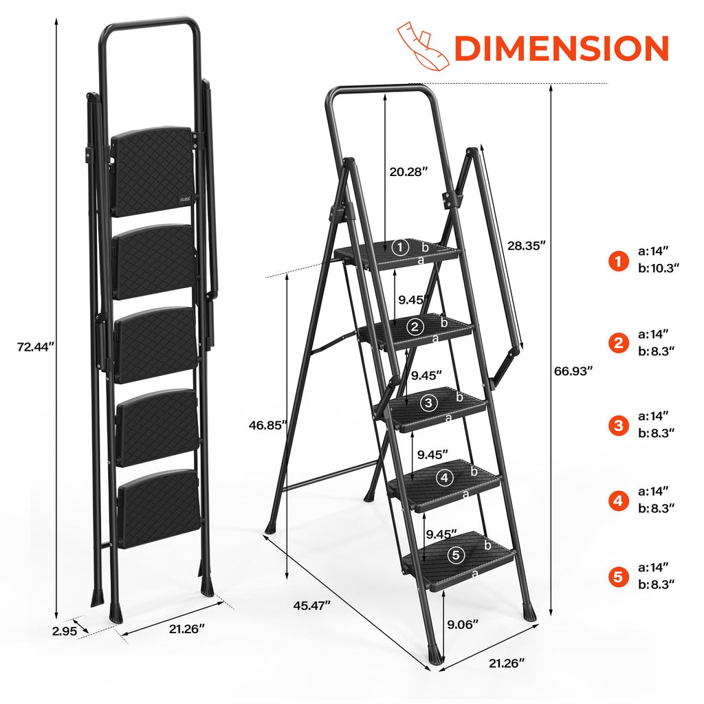 LUISLADDERS 3 Step Ladder with Handrails, Folding Step Stool with Widened Anti-Slip Pedal, 500lbs Lightweight Step Ladder 3 Step Folding, Multi-use for Home Kitchen Pantry Office, Black