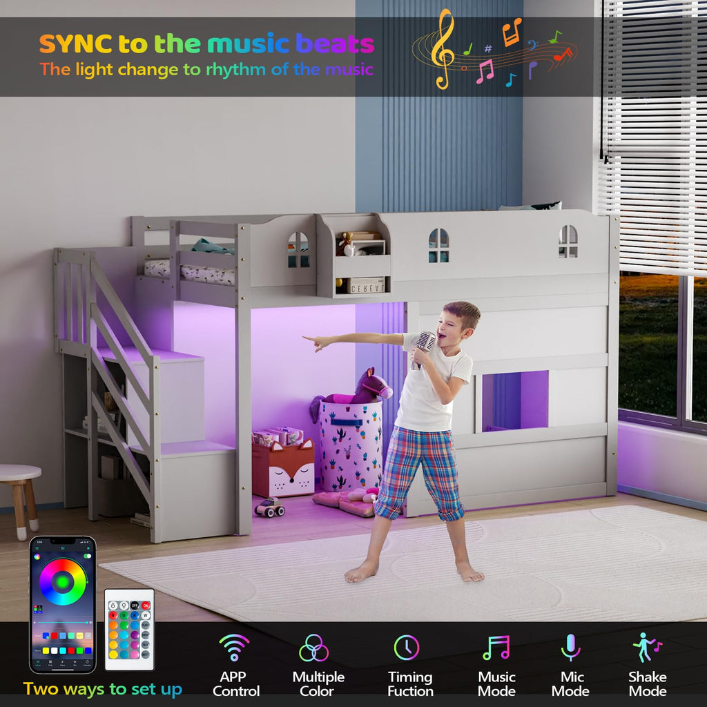 JOYMOR Low Loft Bed Twin Size with LED Lights, 4 Storage Shelves, Removable Curtain, Kids Wood Loft Bed with 15" H Safety Guardrail, Spave Saving, Mattress Not Included (Gray)