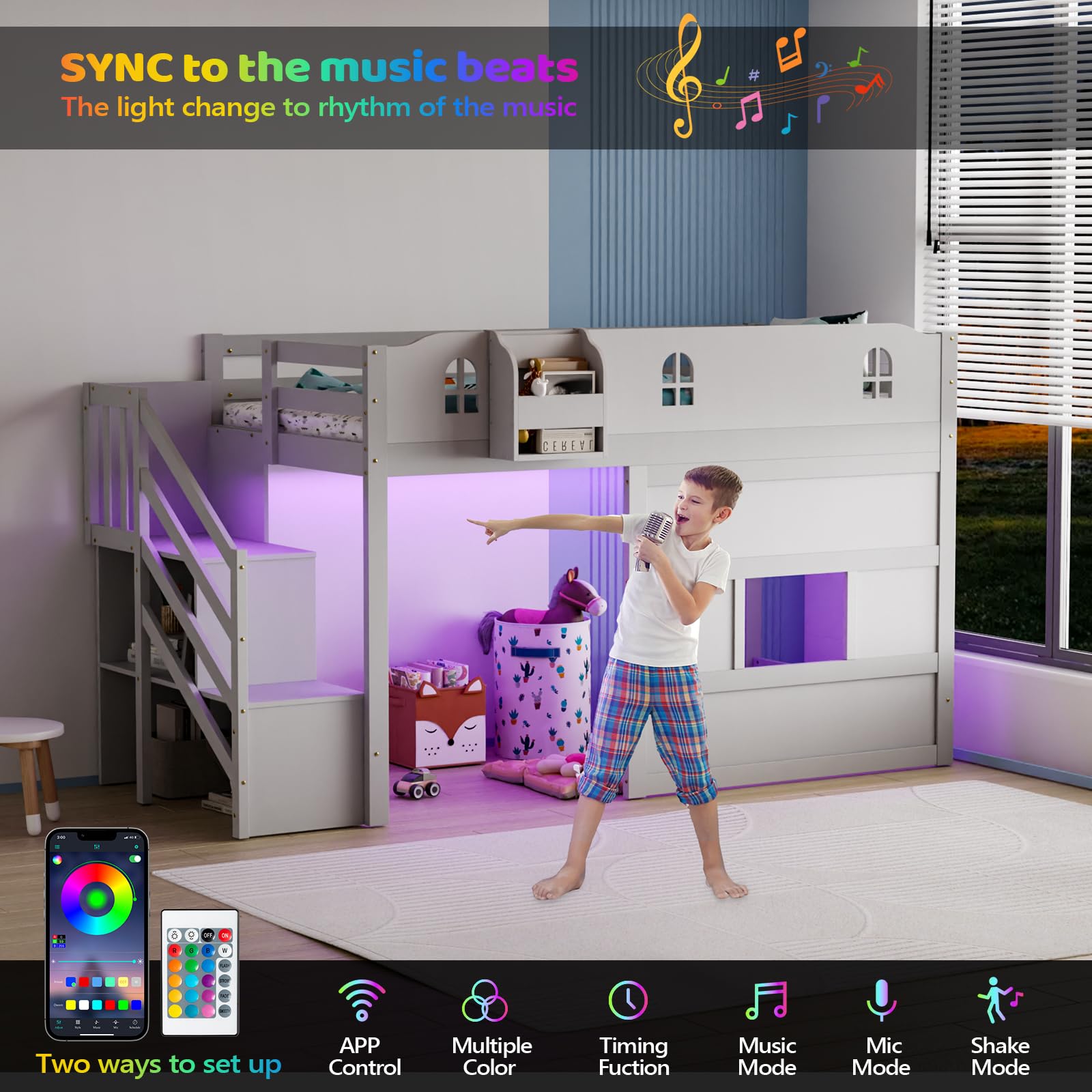 JOYMOR Low Loft Bed Twin Size with LED Lights, 4 Storage Shelves, Removable Curtain, Kids Wood Loft Bed with 15" H Safety Guardrail, Spave Saving, Mattress Not Included (Gray)