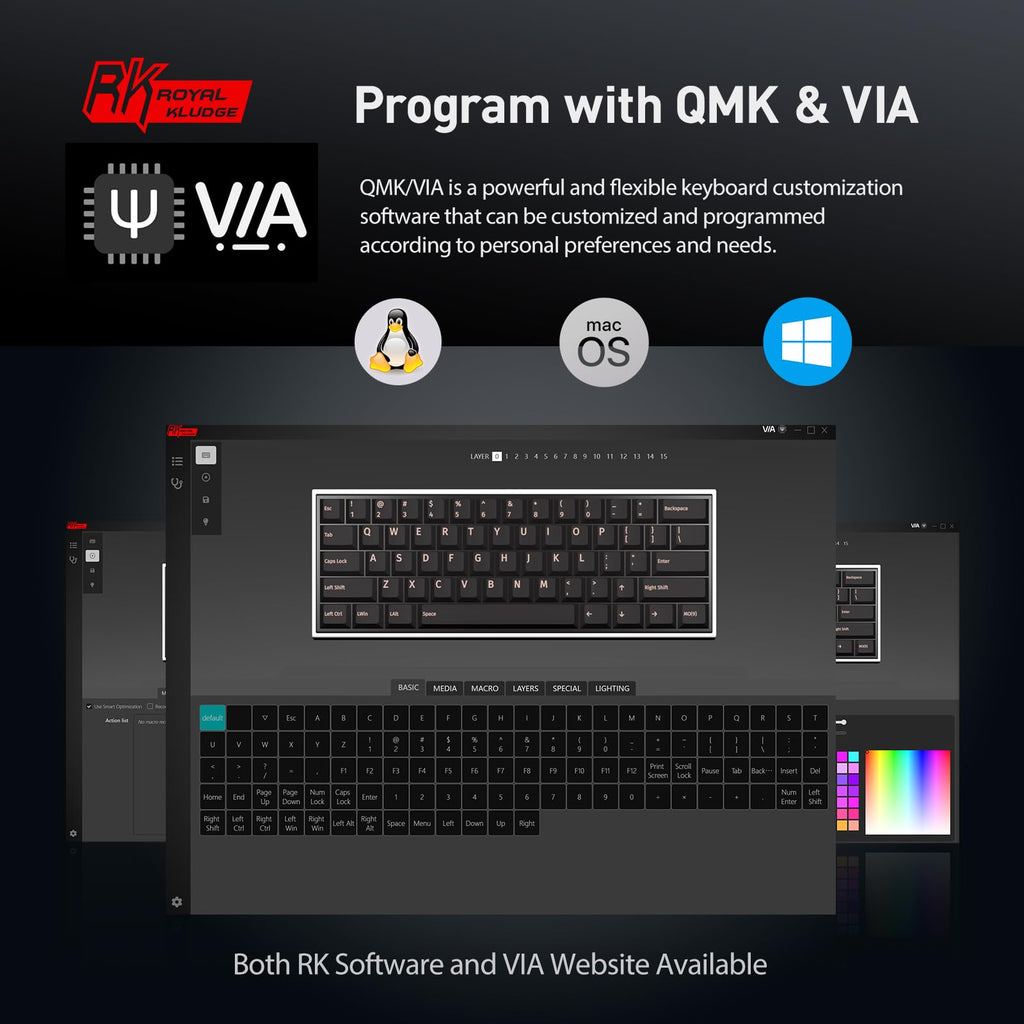 RK ROYAL KLUDGE RK61 Wired 60% Mechanical Gaming Keyboard Programmable QMK/VIA RGB Backlit 61 Keys Ultra-Compact Hot Swappable Brown Switch Black